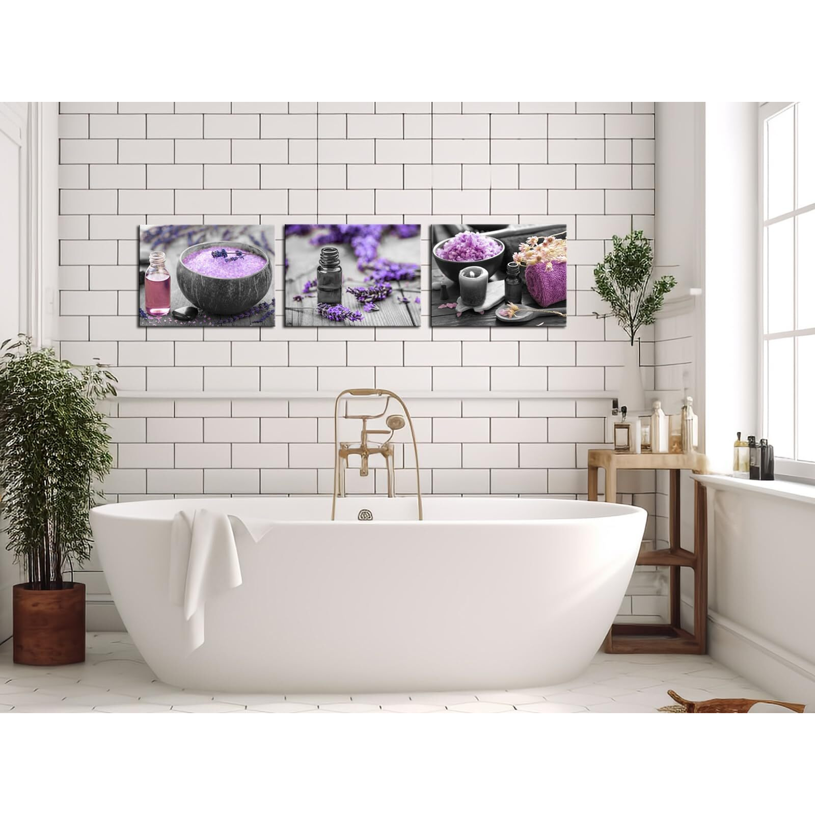 Levvarts 3Pc Canvas Art Purple Lavender Flower & Spa Salt Picture, Zen Still Life, 12X16Inches, Bathroom Wall Decor