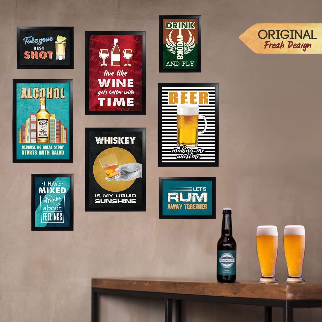 Chaka Chaundh - Set Of 8 Alchohol Quotes Framed Posters - Bar, Beer, Vodka, Whiskey & Wine Quotes Poster With Frame For Wall - (4 - A3) & (4 - A4)