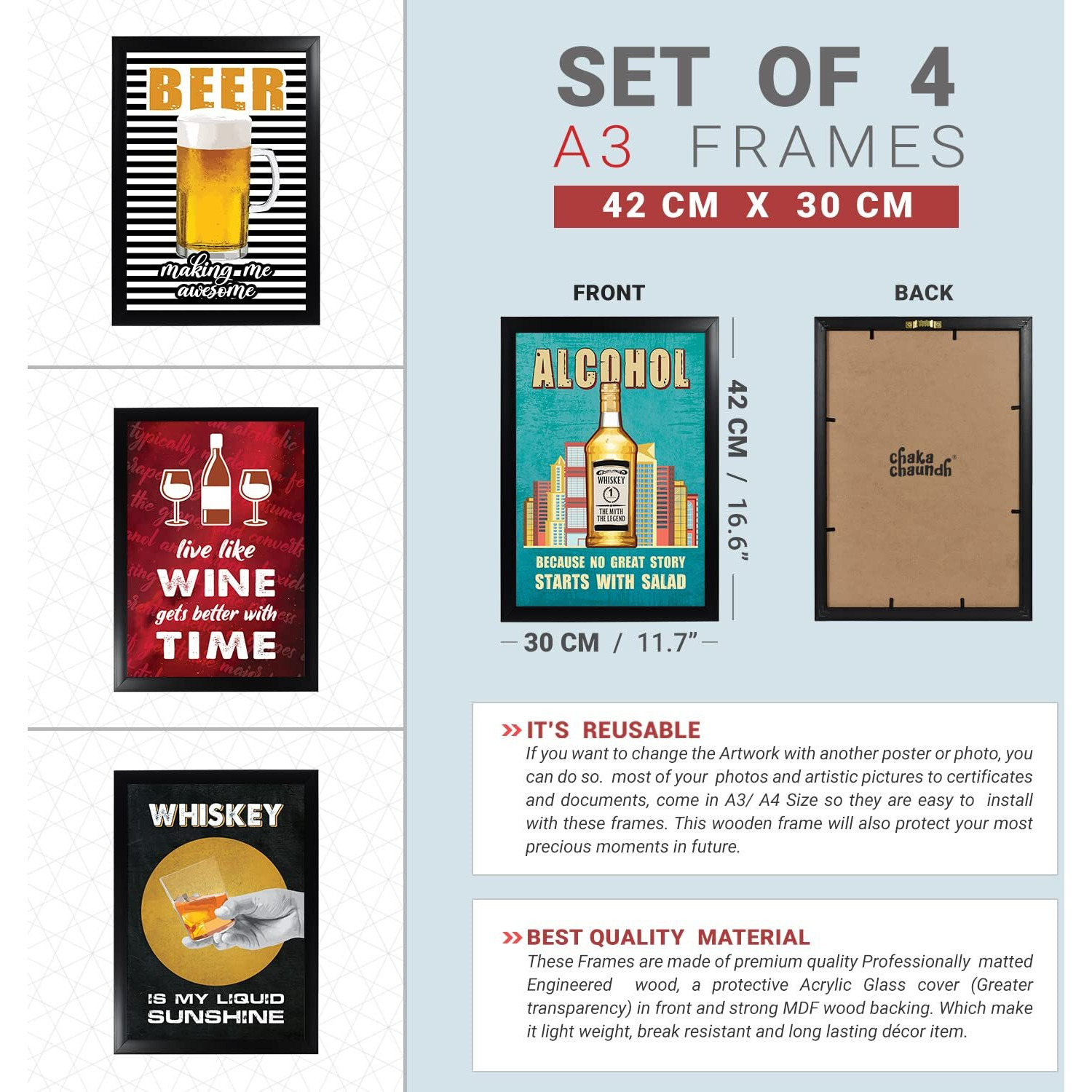 Chaka Chaundh - Set Of 8 Alchohol Quotes Framed Posters - Bar, Beer, Vodka, Whiskey & Wine Quotes Poster With Frame For Wall - (4 - A3) & (4 - A4)