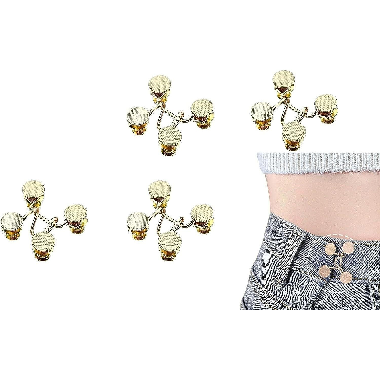 Mgnlr Instant Jeans Button Pins Waist Tightener Set, Make The Waist Fit For Skirt Pants Robe, No Sewing Required Adjustable Waist Buckle For Loose Jeans Pants (4Pcs Golden Waist Pin)