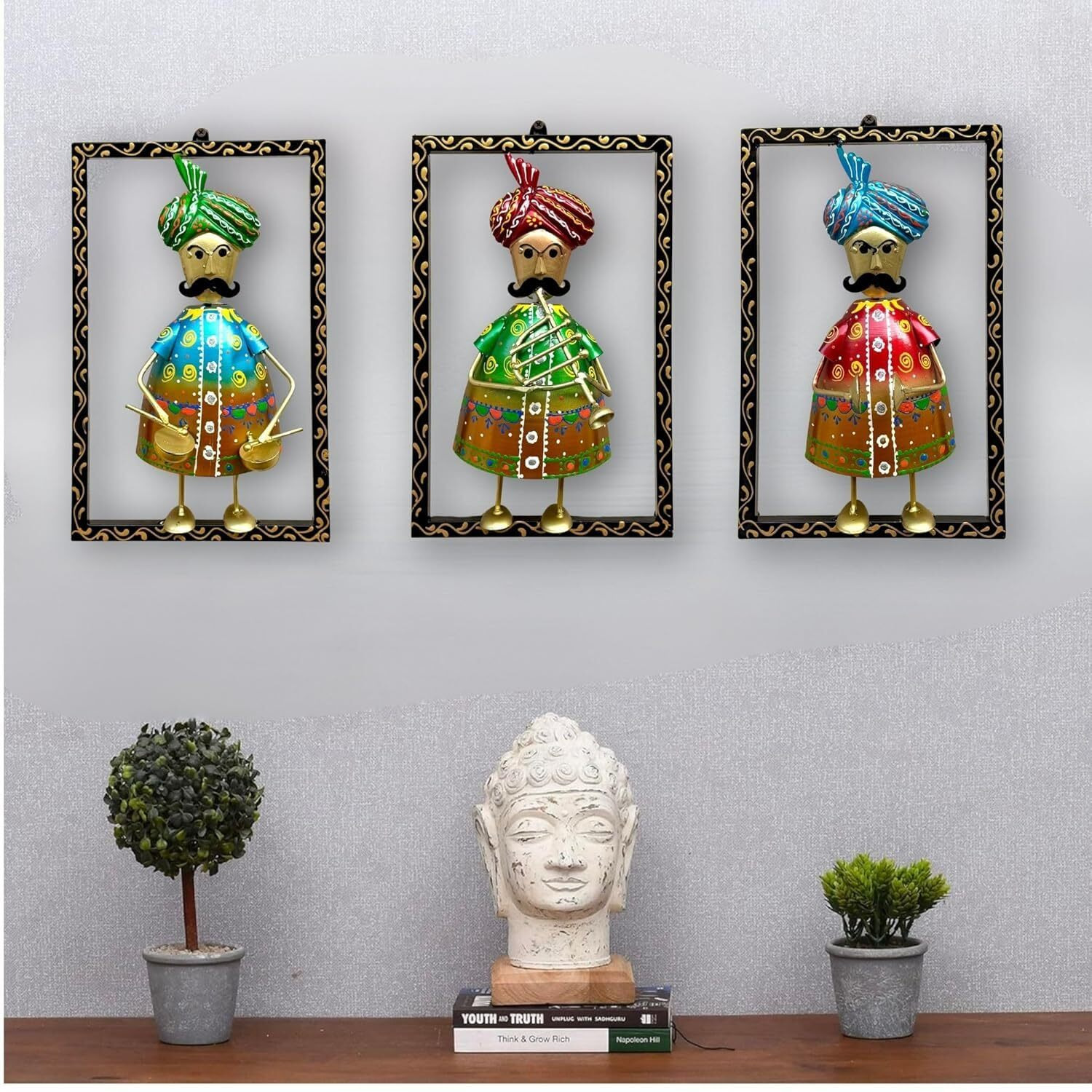 Rsn Decorative Wall Art Set Of 3, Traditional Rajasthani Figures With Turbans, Handcrafted Metal Frame Wall Decor, Multicolour-Size 12 X 8 X2 Inches