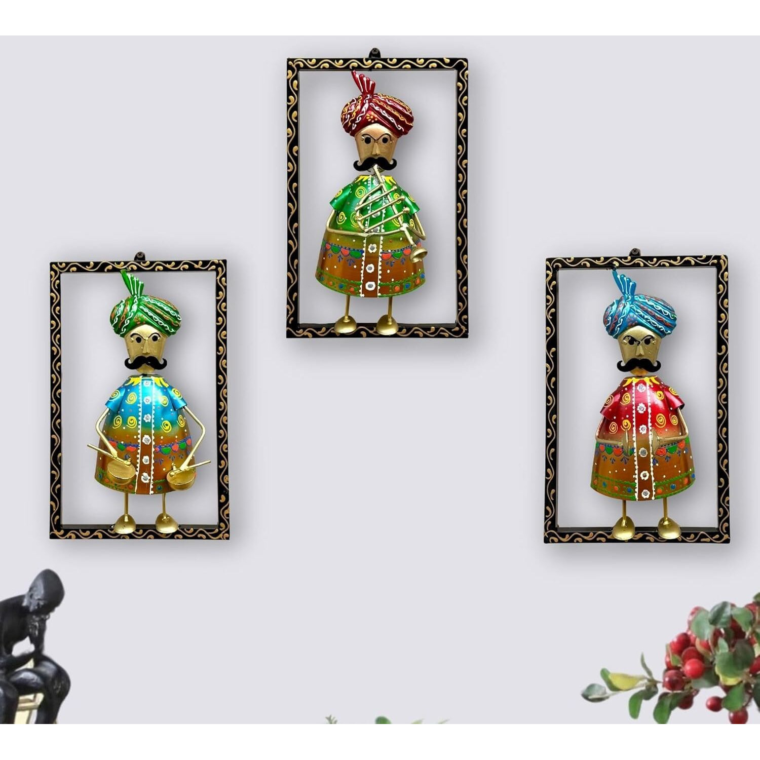 Rsn Decorative Wall Art Set Of 3, Traditional Rajasthani Figures With Turbans, Handcrafted Metal Frame Wall Decor, Multicolour-Size 12 X 8 X2 Inches