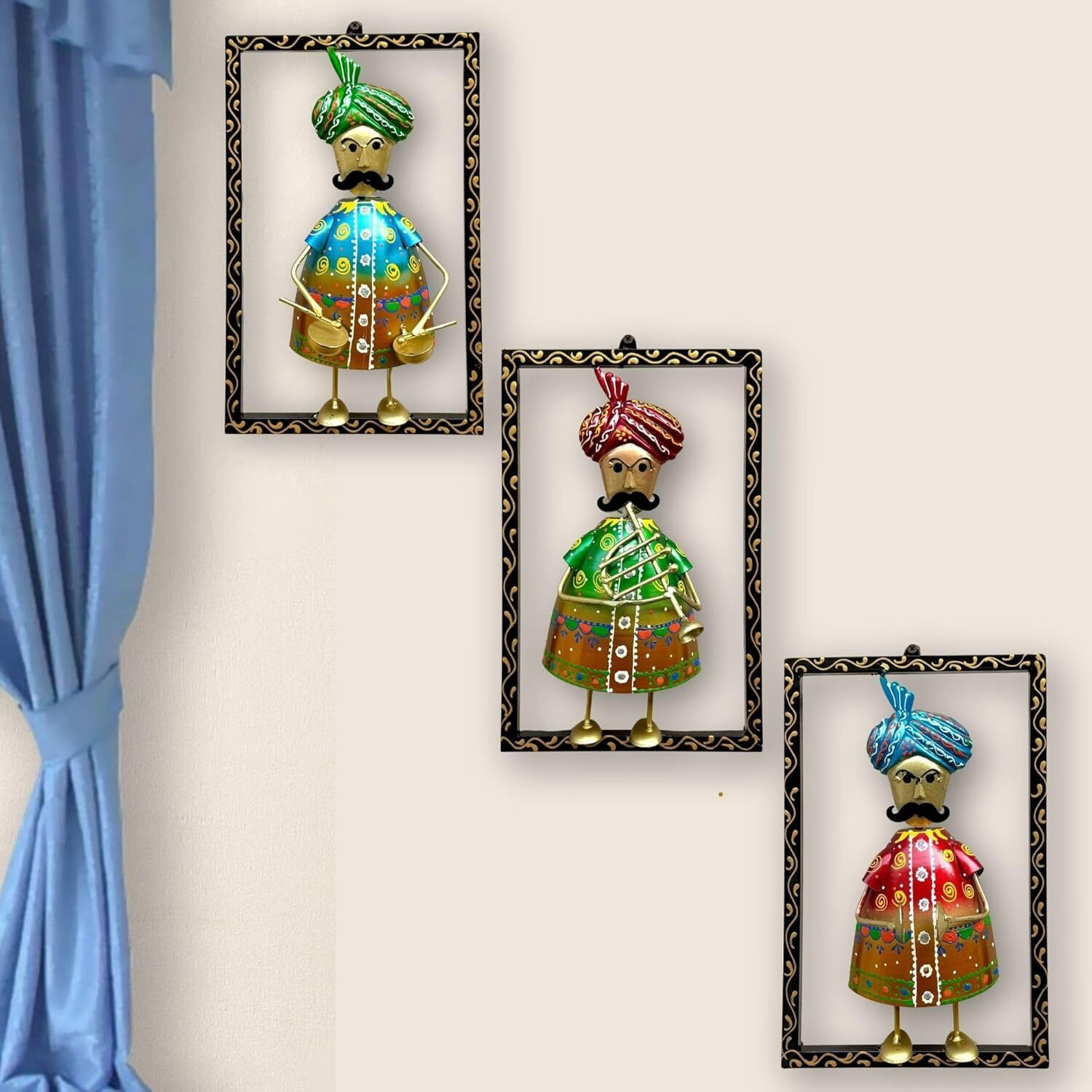 Rsn Decorative Wall Art Set Of 3, Traditional Rajasthani Figures With Turbans, Handcrafted Metal Frame Wall Decor, Multicolour-Size 12 X 8 X2 Inches