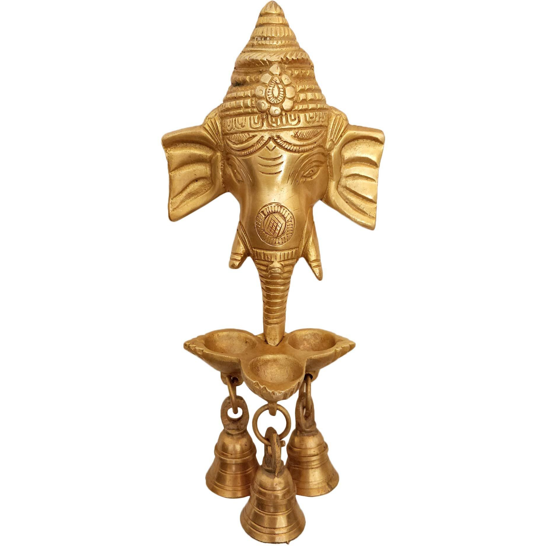 Guru Jee Handmade Brass Statue Lord Ganesha Wall Decor Sculpture Ganesha Face Wall Hanging Puja Idol With 3 Diyas Oil Lamps And Small Bells