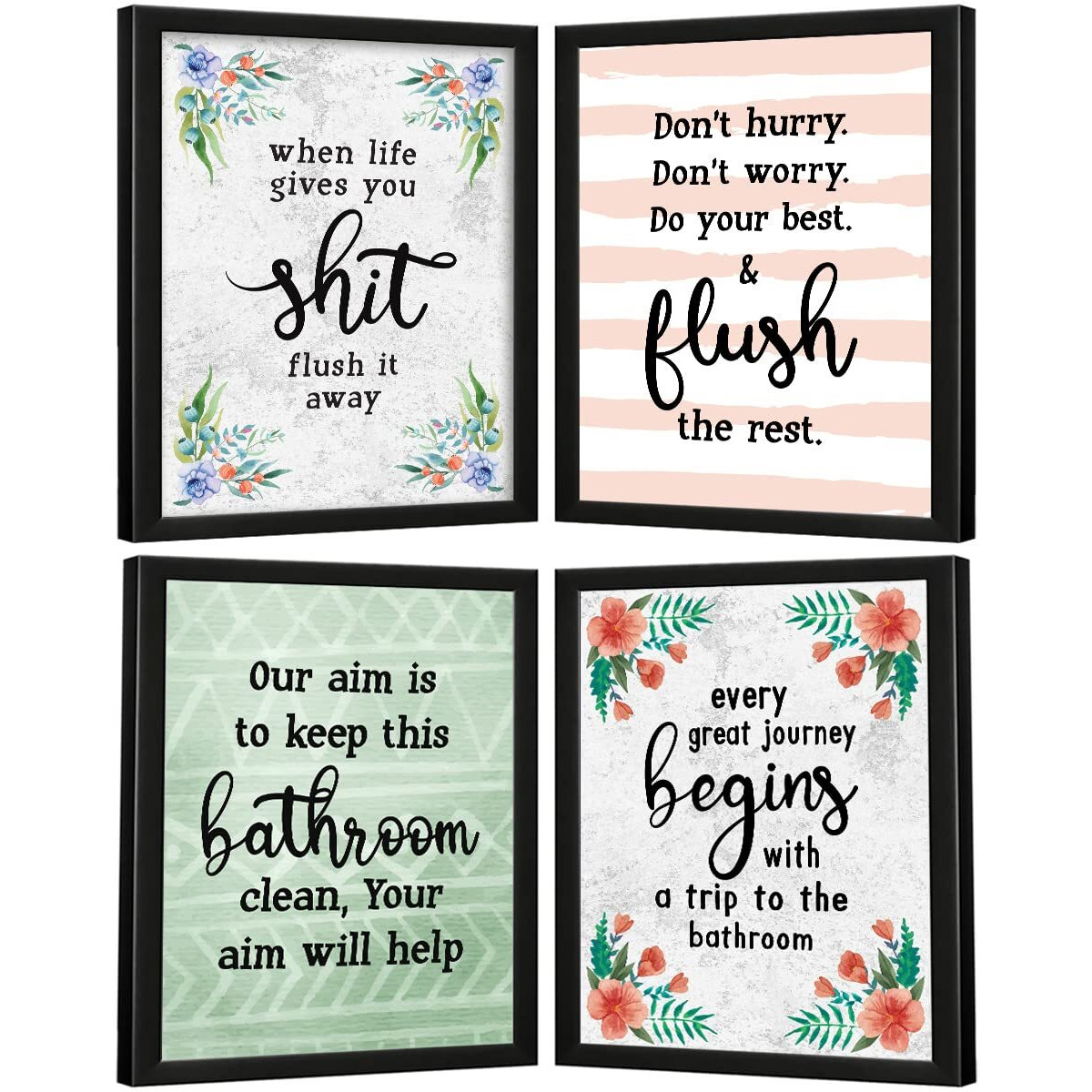 Chaka Chaundh Engineered Wood Bathroom Poster With Frame, Quotes Framed Posters (14X11In, Set Of 4) (Multicolor, Floral)