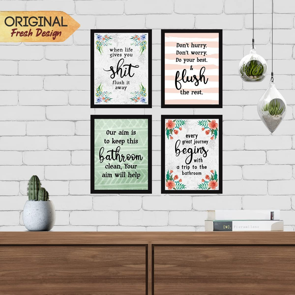Chaka Chaundh Engineered Wood Bathroom Poster With Frame, Quotes Framed Posters (14X11In, Set Of 4) (Multicolor, Floral)