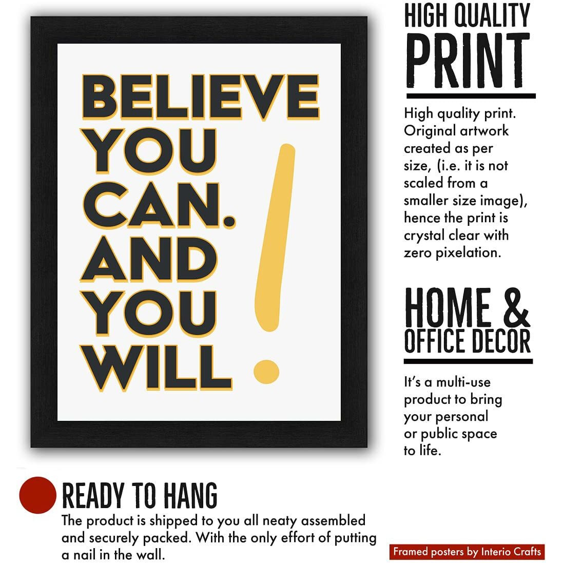 Interio Crafts Believe You Can And You Will Motivational Quote Poster For Classroom, Office, Living Room- Frame Size 13&quotX10" Inches