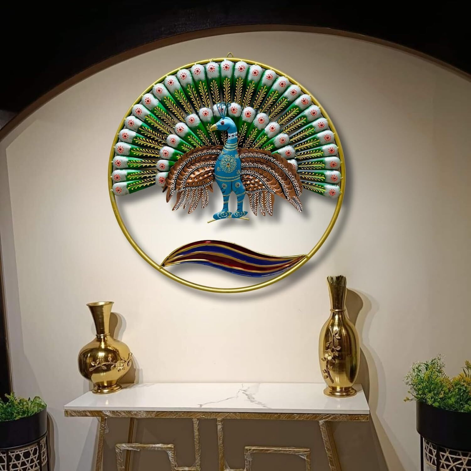 Anshika International Metal Multicolor Round Peacock Wall Decor,Metal Wall Hanging For Living Room, Wall Art Size-25X25 Inch