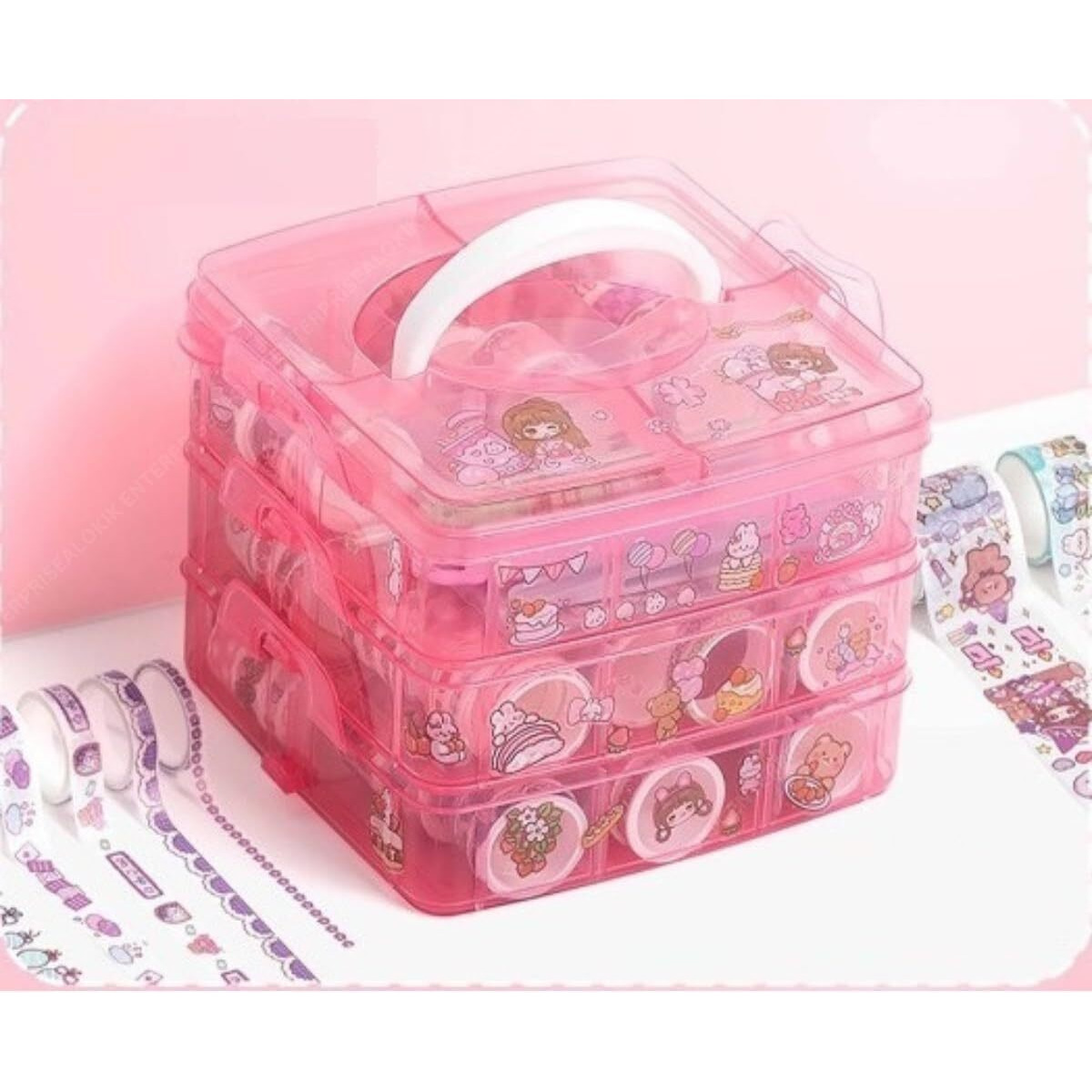 Manaki Enterprise Washi Tape Set - 100 Pcs Designer Decorative Gift Packing Tape Masking Tapes With 20 Pcs Kawaii Stickers, Tweezer, Pen And Spatula In 3 Layer Box, Tapes For Art & Craft (Pink)