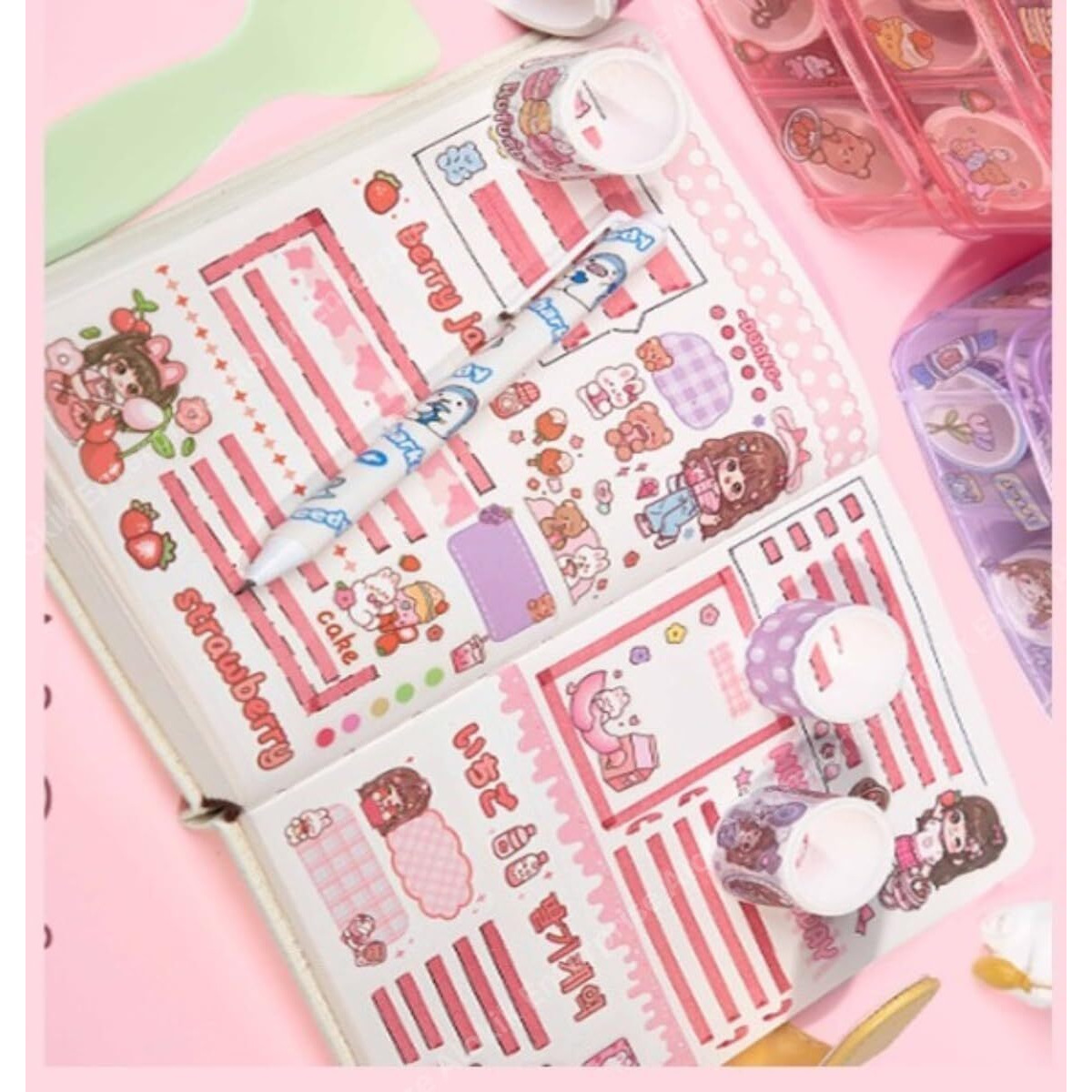 Manaki Enterprise Washi Tape Set - 100 Pcs Designer Decorative Gift Packing Tape Masking Tapes With 20 Pcs Kawaii Stickers, Tweezer, Pen And Spatula In 3 Layer Box, Tapes For Art & Craft (Pink)