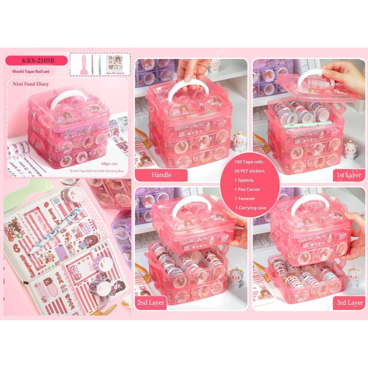 Manaki Enterprise Washi Tape Set - 100 Pcs Designer Decorative Gift Packing Tape Masking Tapes With 20 Pcs Kawaii Stickers, Tweezer, Pen And Spatula In 3 Layer Box, Tapes For Art & Craft (Pink)
