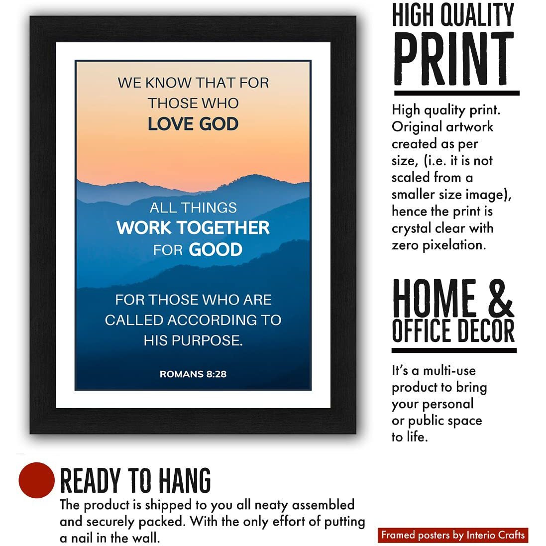 Interio Crafts Bible Verse Wall Frames,God Verse Framed Poster For Living Room, Bedroom, Kitchen, Study Room Or Office Wall Decor -Romans 828 - Synthetic Wood - 13 X 10 Inches