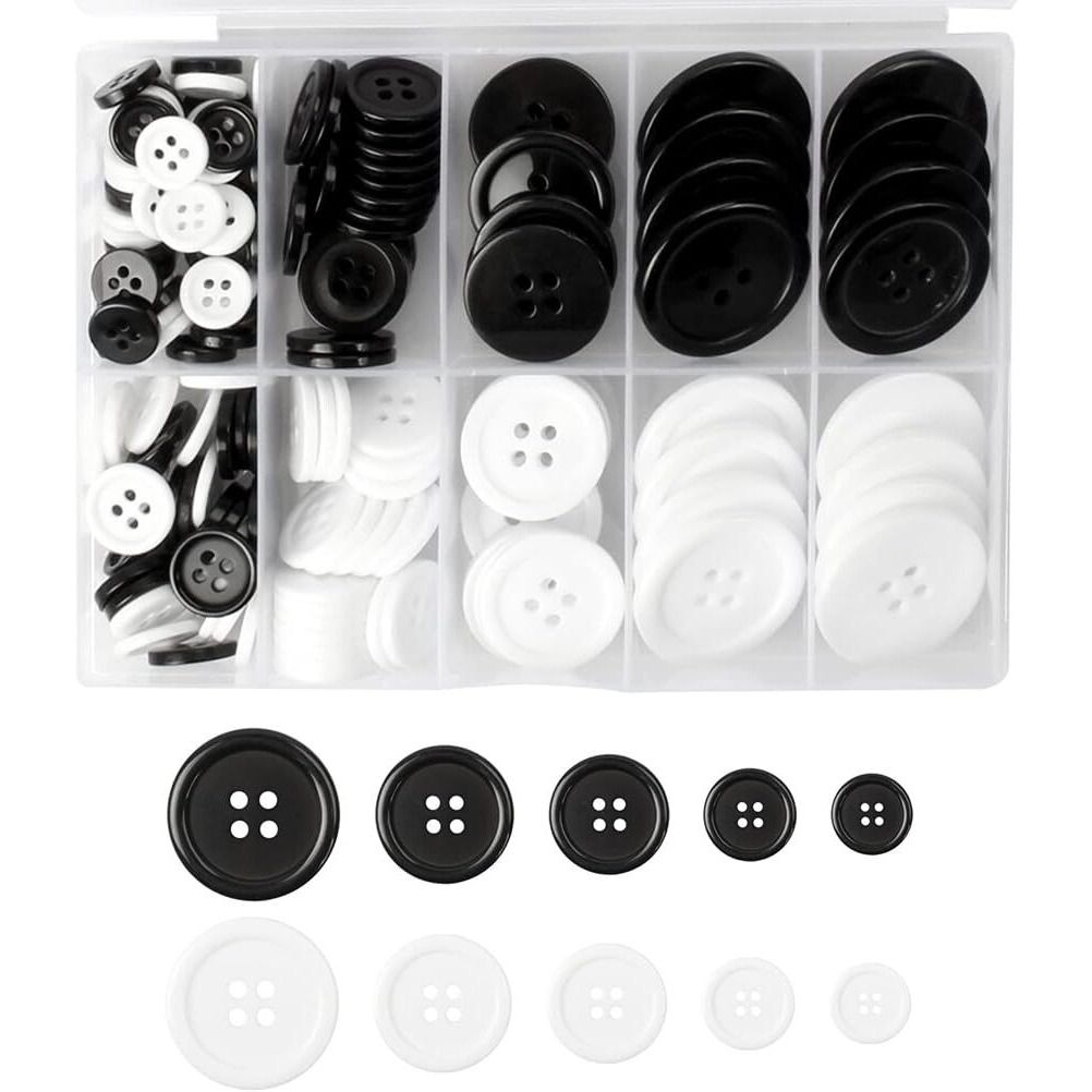 Hasthip 100Pcs Sewing Buttons Black & White Resin Sewing Buttons 5 Sizes 0.39 ''-1'' Clothing Buttons Round Diy Sewing Buttons Round Clothing Buttons For Sewing, Tailoring, Diy Crafts