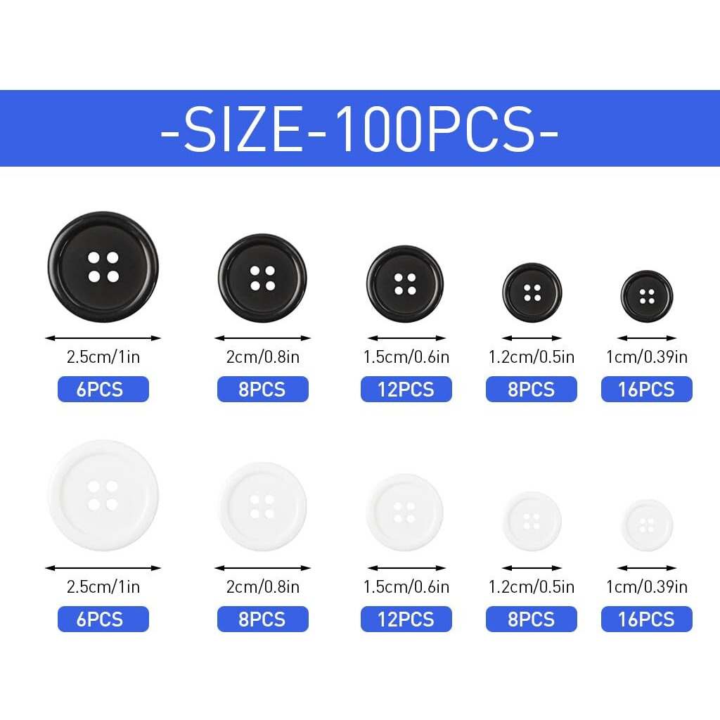 Hasthip 100Pcs Sewing Buttons Black & White Resin Sewing Buttons 5 Sizes 0.39 ''-1'' Clothing Buttons Round Diy Sewing Buttons Round Clothing Buttons For Sewing, Tailoring, Diy Crafts