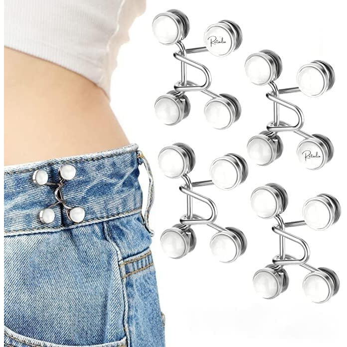 Retailio Jean Button Pins Adjustable Waist Buckle Extender Set, No Sewing Required Jean Buttons, Pant Waist Tightener For Jeans Dress Fit Instant Button (4 Pcs)