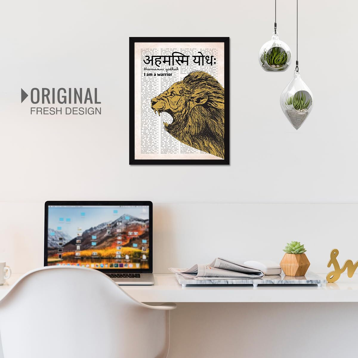 Chaka Chaundh -Unique Sanskrit Quotes Art - Lion Motivational Sanskrit Quotes Framed Poster - Inspirational Quotes For Student Study Room  14 X 11 Inches - I Am A Warrior