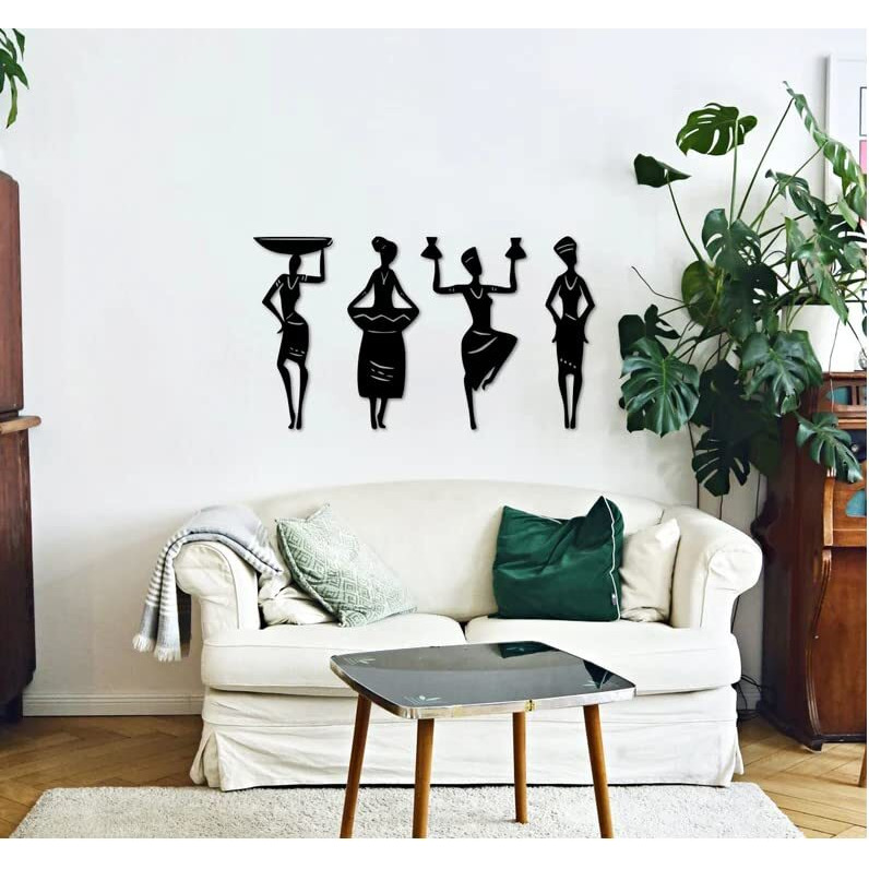 Artica African Women 4 Pcs. Set Abstract Wall Decor Man And Woman Dancing 4 Mm Mdf Abstract Wall Decoration Item Wall Art With Double Tape-Black
