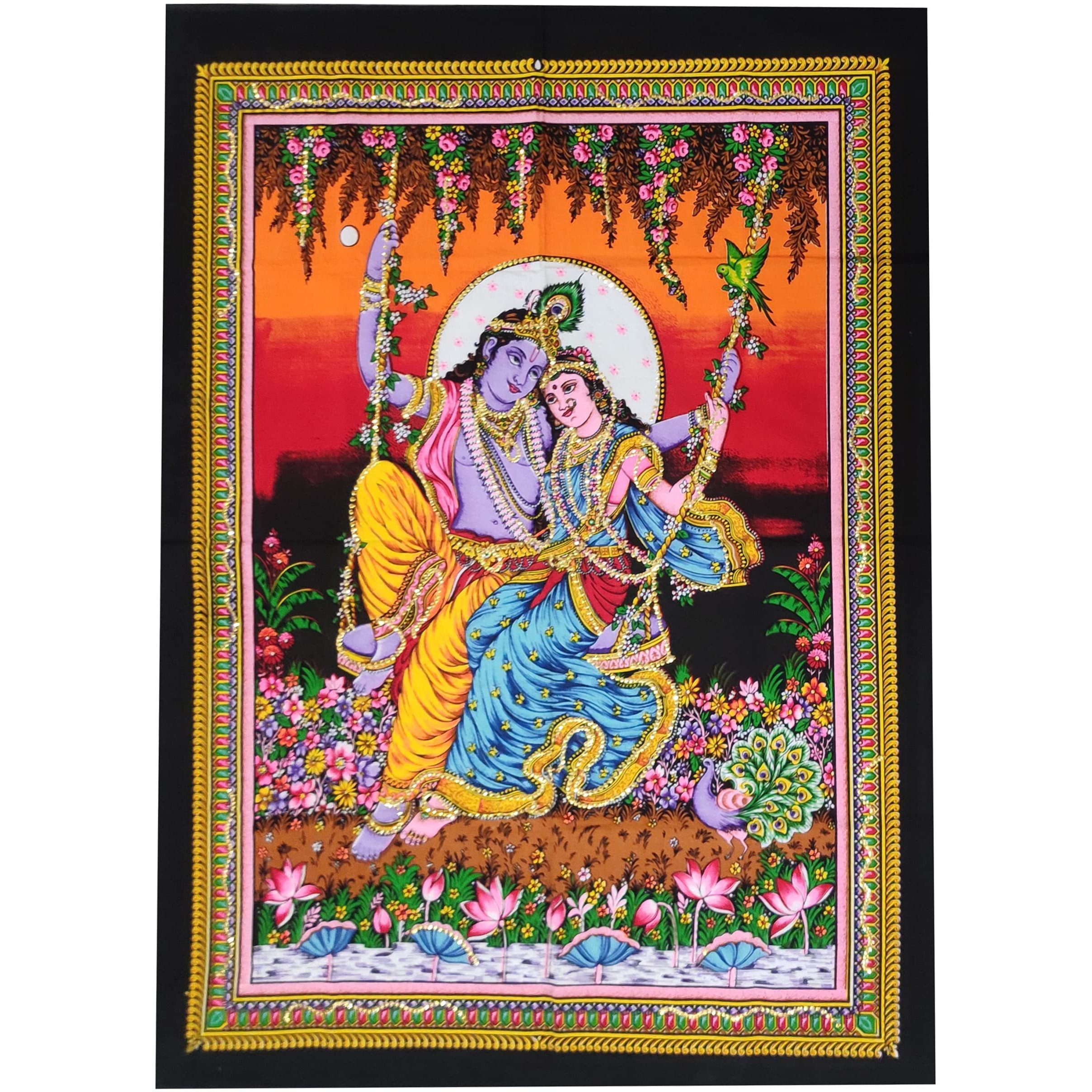 Purpledip Cotton Wall Poster Radha Krishna Spiritual Hanging Unframed Sheet, Multicolor (20089)