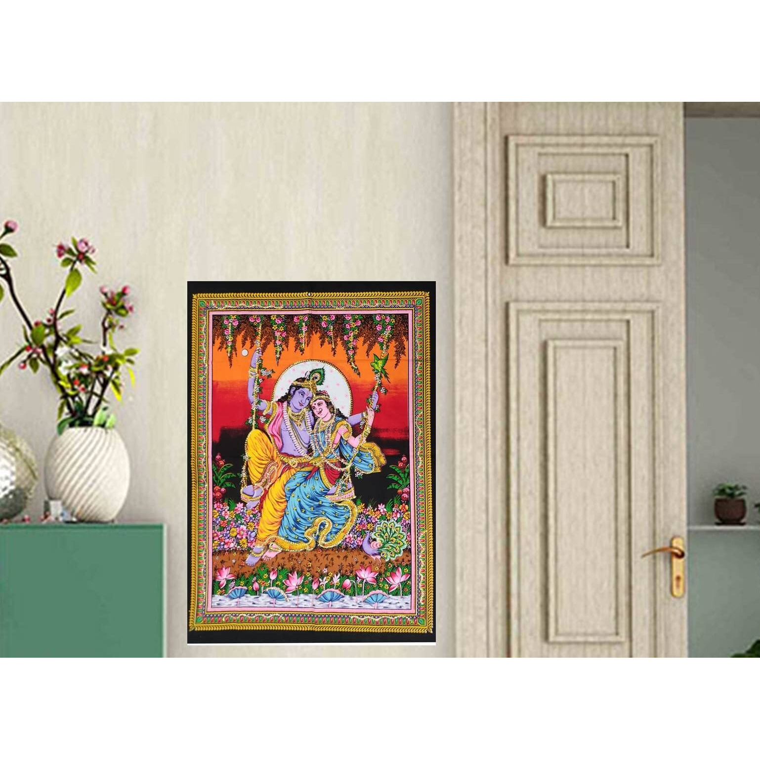 Purpledip Cotton Wall Poster Radha Krishna Spiritual Hanging Unframed Sheet, Multicolor (20089)