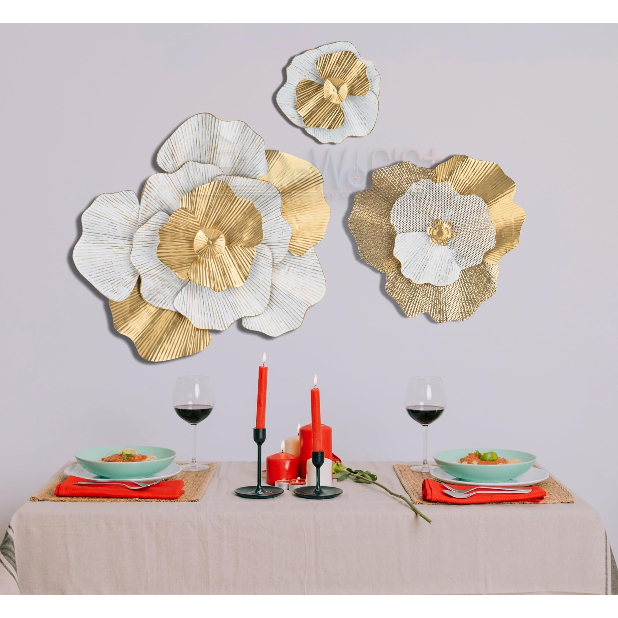 Dewogift Metal Wall Decor/Gilded Petals Trio Metal Wall Art/Metal Wall Decoration Items For Living Room/Office/Bedroom/Hall/Hotel/Set Of 3 / White &Gold (24,18&12 Inches)