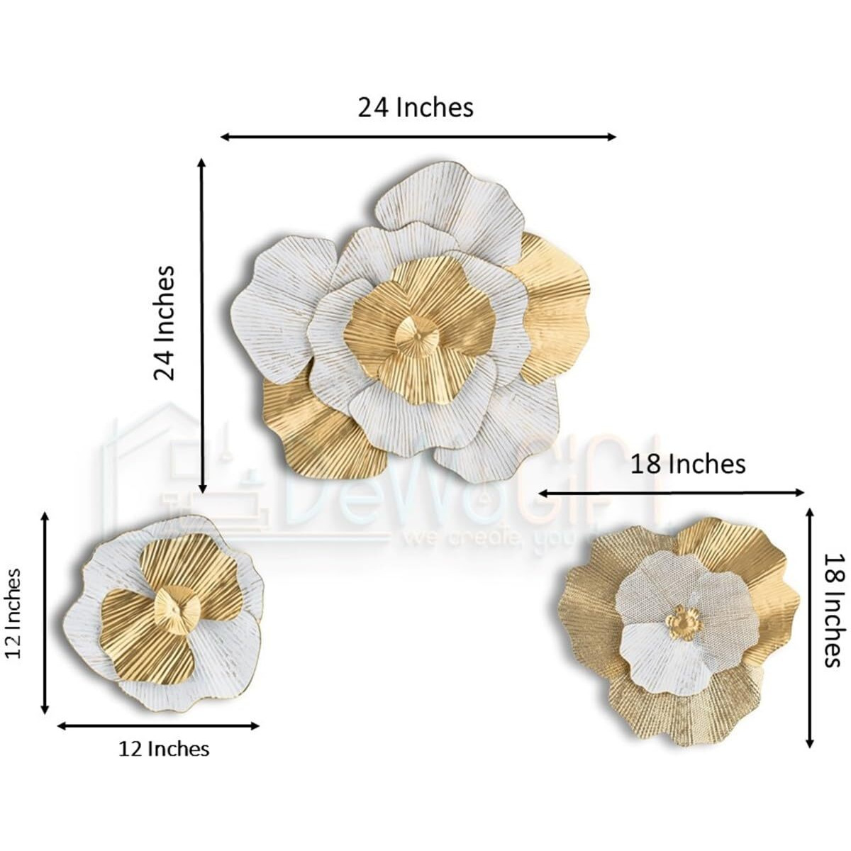 Dewogift Metal Wall Decor/Gilded Petals Trio Metal Wall Art/Metal Wall Decoration Items For Living Room/Office/Bedroom/Hall/Hotel/Set Of 3 / White &Gold (24,18&12 Inches)