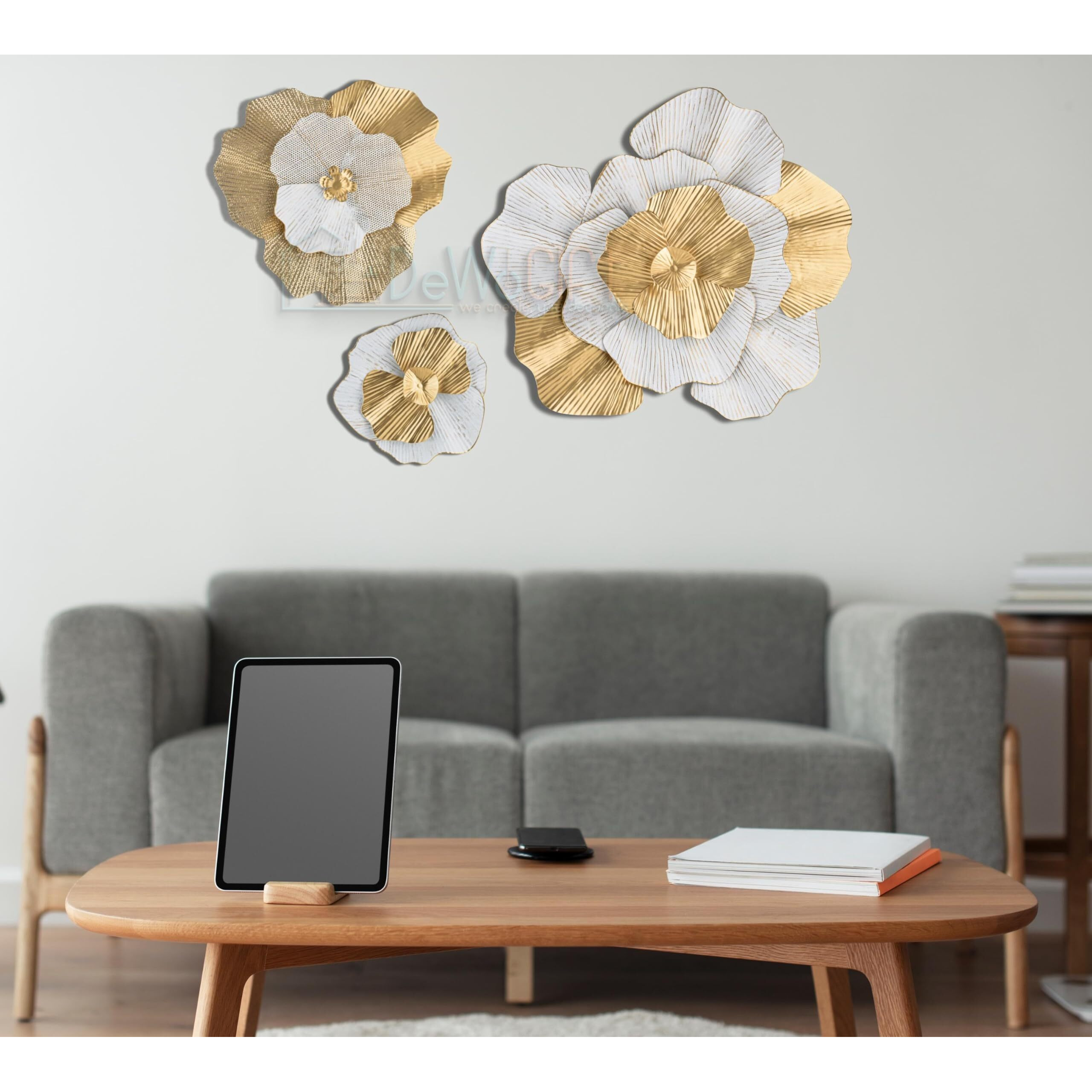 Dewogift Metal Wall Decor/Gilded Petals Trio Metal Wall Art/Metal Wall Decoration Items For Living Room/Office/Bedroom/Hall/Hotel/Set Of 3 / White &Gold (24,18&12 Inches)