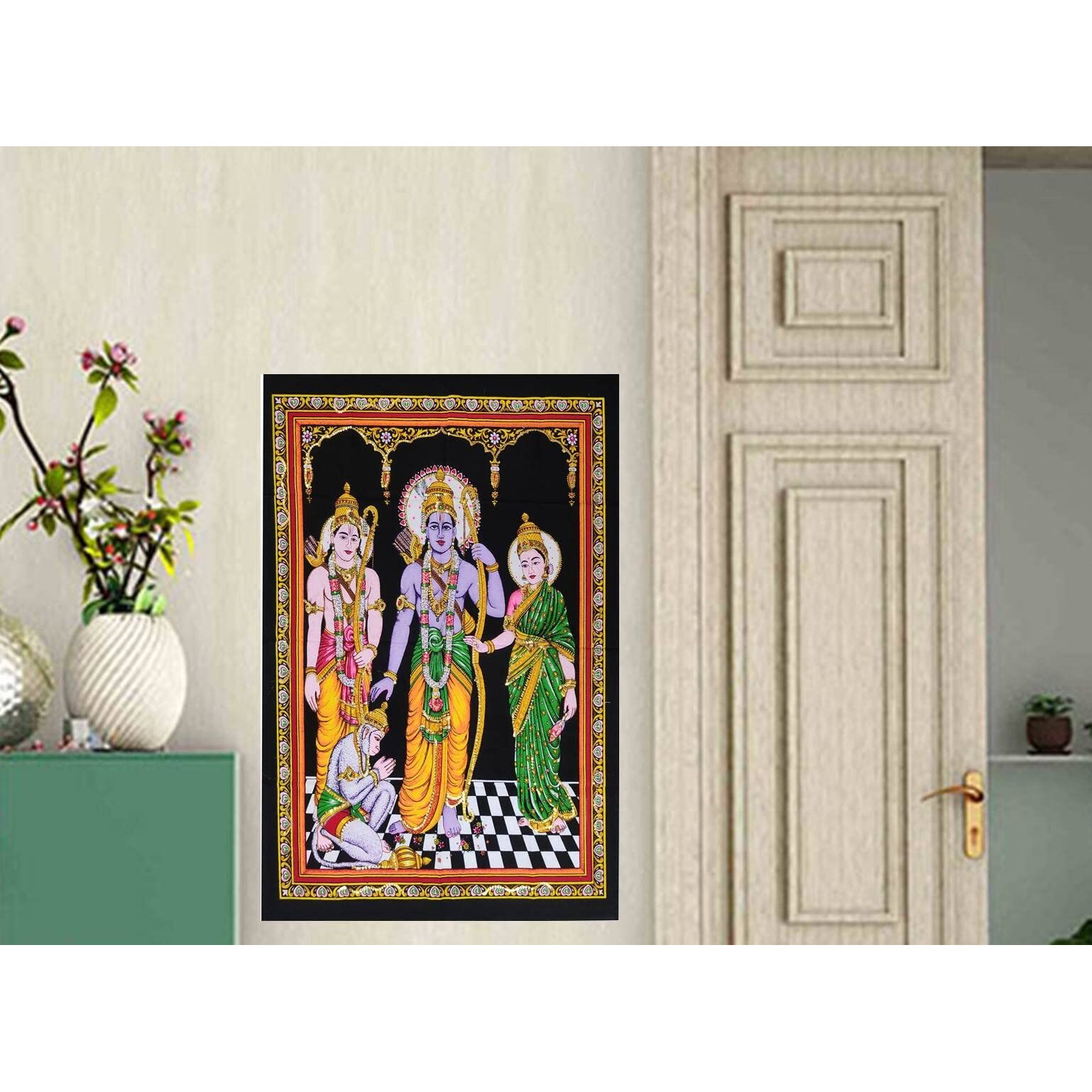 Purpledip Cotton Wall Poster Ram, Sita, Lakshman & Hanuman Spiritual Hanging Unframed Sheet, Multicolor (20093)