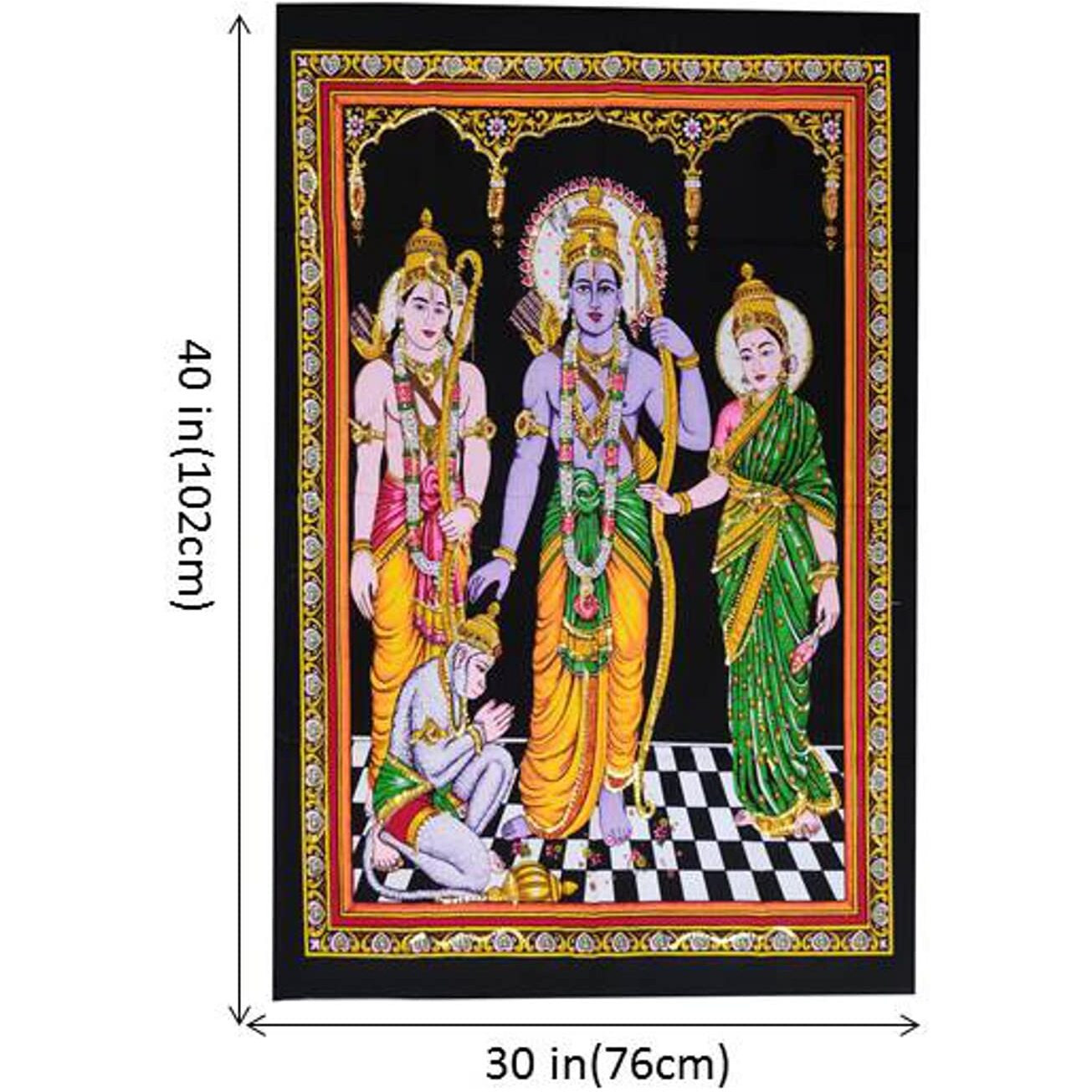Purpledip Cotton Wall Poster Ram, Sita, Lakshman & Hanuman Spiritual Hanging Unframed Sheet, Multicolor (20093)