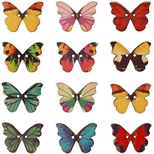 Amigozz Multicolored Butterfly Shaped Wooden Buttons For Diy Crafting, Knitting, Crochet, Scrapbooking, Sewing, Card Making And School Projects Decoration(50Pc)