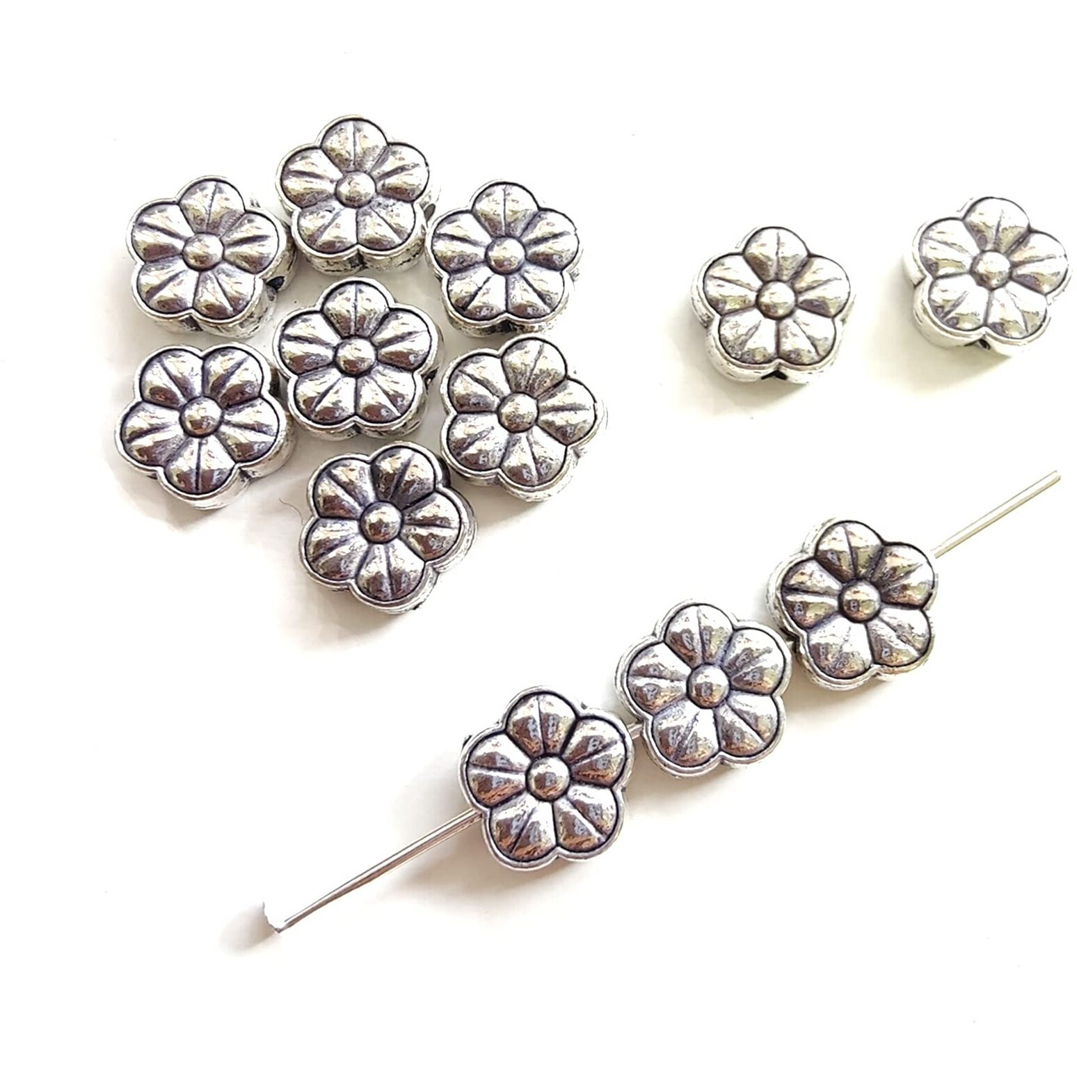 Aashya Mayro Combo Of 12 Flower Shape Flora Design Silver Plated, Hole Inside, Metal Beads Charms For Jewellery Bracelet Making And Crafts Work.