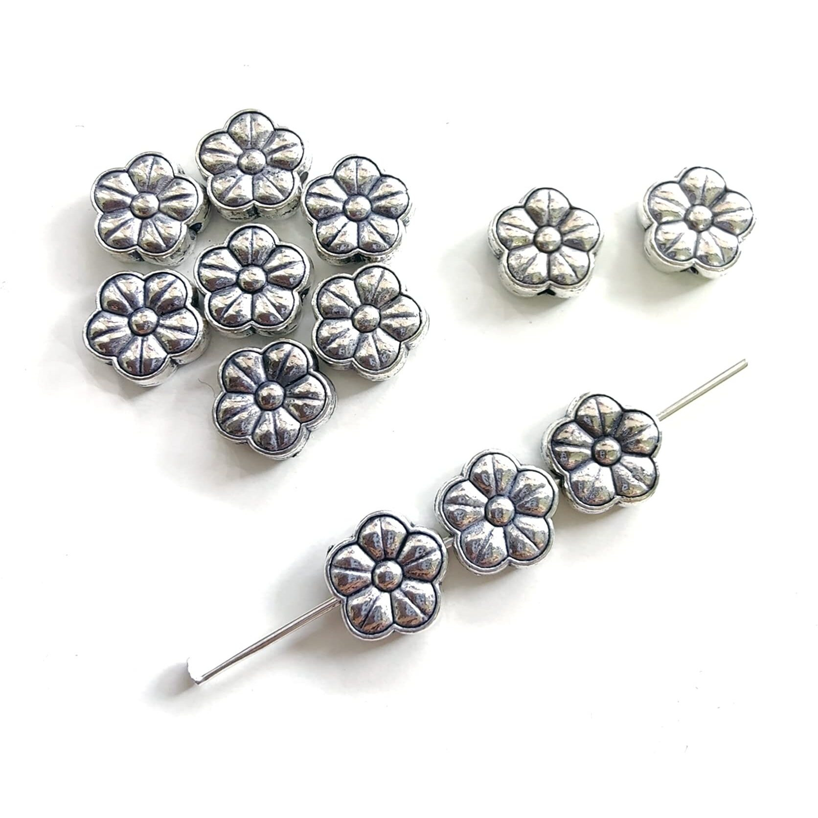 Aashya Mayro Combo Of 12 Flower Shape Flora Design Silver Plated, Hole Inside, Metal Beads Charms For Jewellery Bracelet Making And Crafts Work.