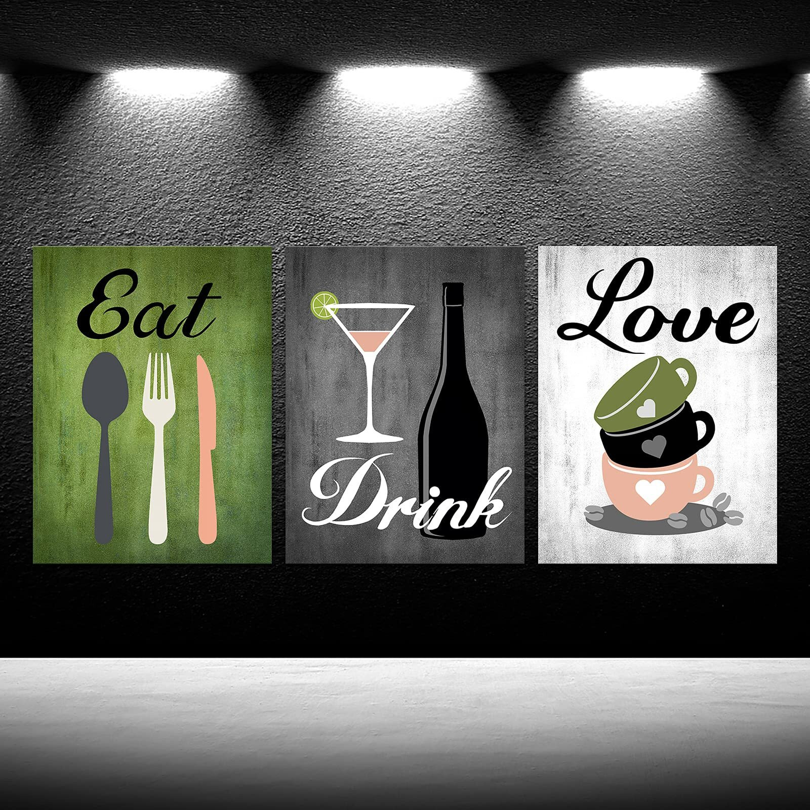 Canvas Set Of 3 Green And Grey Modern Kitchen And Dining Room Wall Art Home Decor Abstract Eat Drink Love Theme Canvas Prints Pictures Framed Artwork For Coffee Bar Restaurant Cafe Ready To Hang
