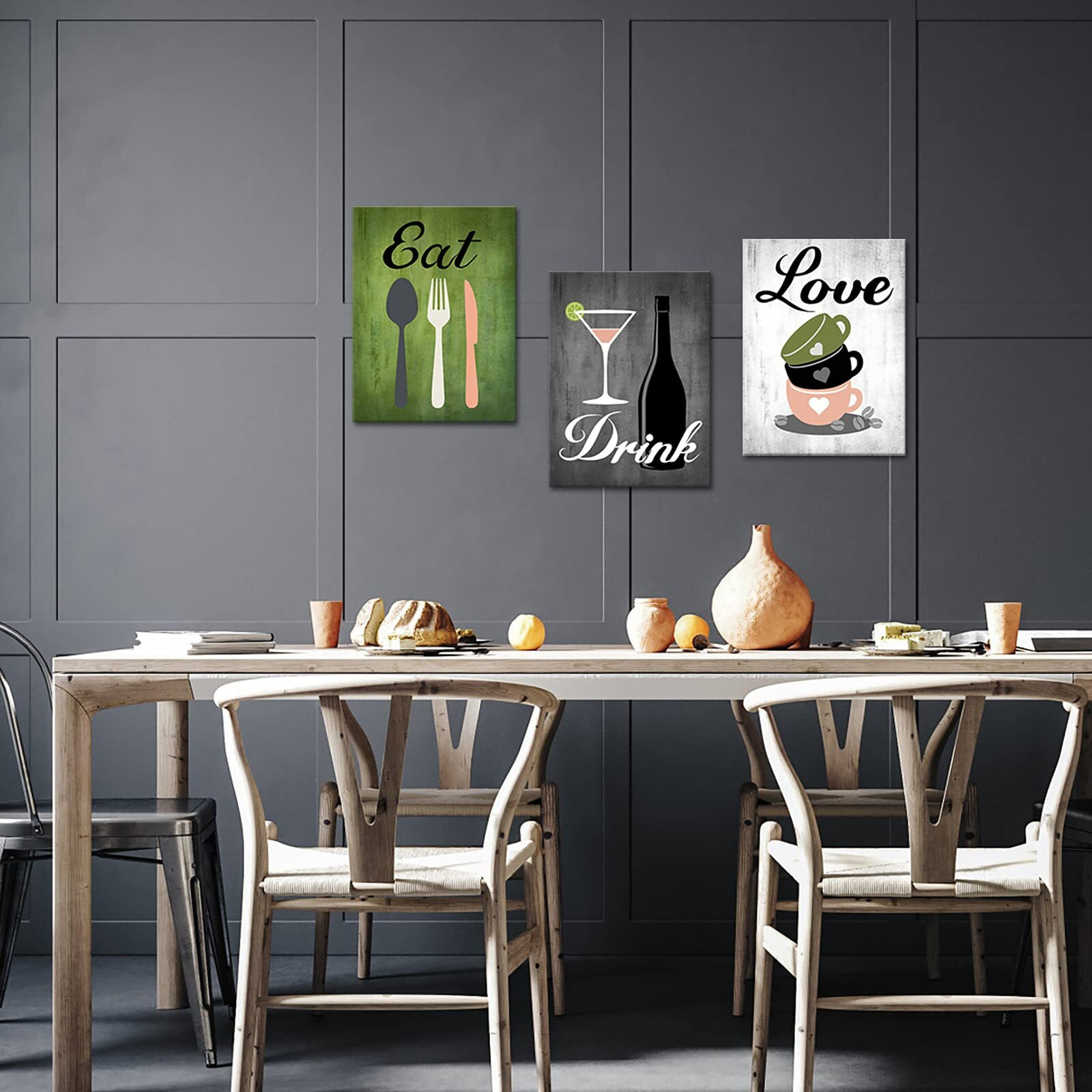 Canvas Set Of 3 Green And Grey Modern Kitchen And Dining Room Wall Art Home Decor Abstract Eat Drink Love Theme Canvas Prints Pictures Framed Artwork For Coffee Bar Restaurant Cafe Ready To Hang