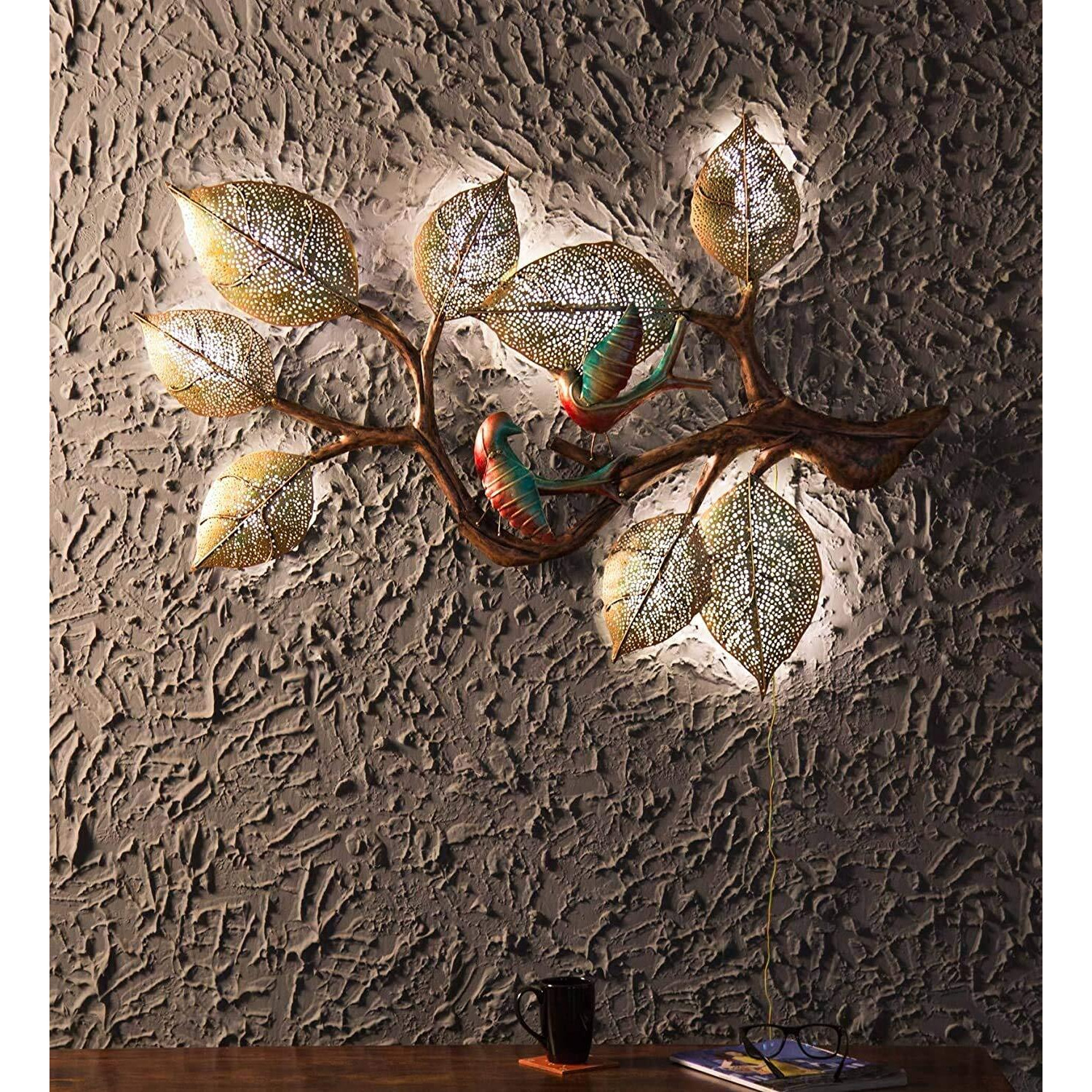 World Decor Nature Iron Metal 2 Bird Led Tree Wall Decor (48 X 02 X 36 In) Multicolor, Medium