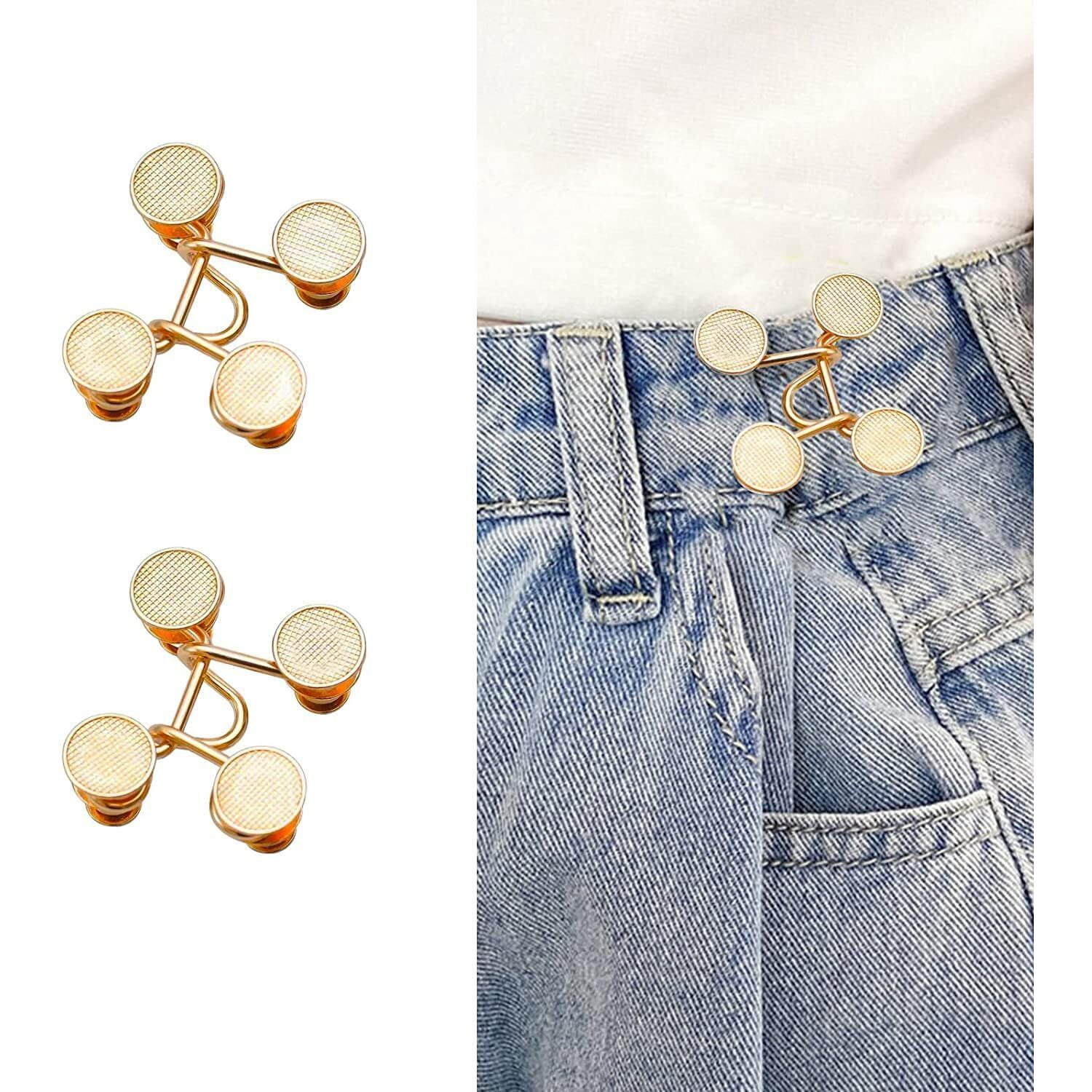 Abhsant 2Pcs Adjustable Golden Button Waist Buckle Set | Instantly Tighten Loose Jeans Pants | Detachable Pearl Jeans Button Pins | Ideal For Skirts, Pants, And Robes(Golden Button (2Pc)