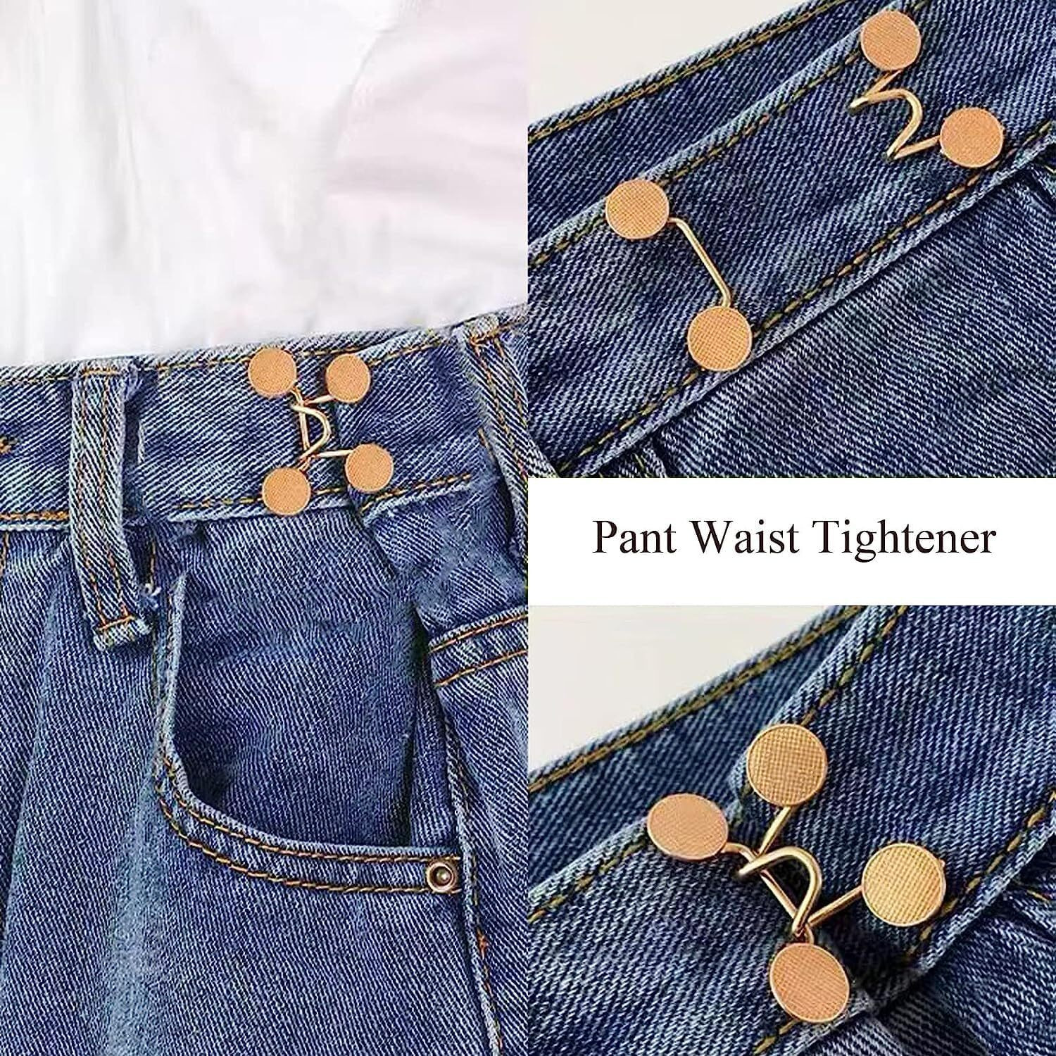 Abhsant 2Pcs Adjustable Golden Button Waist Buckle Set | Instantly Tighten Loose Jeans Pants | Detachable Pearl Jeans Button Pins | Ideal For Skirts, Pants, And Robes(Golden Button (2Pc)