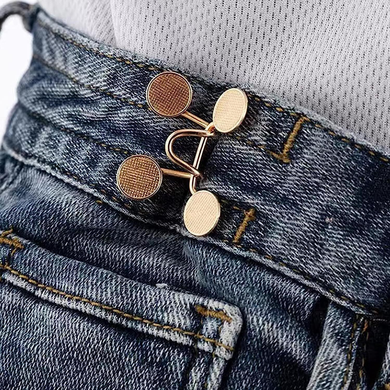 Abhsant 2Pcs Adjustable Golden Button Waist Buckle Set | Instantly Tighten Loose Jeans Pants | Detachable Pearl Jeans Button Pins | Ideal For Skirts, Pants, And Robes(Golden Button (2Pc)
