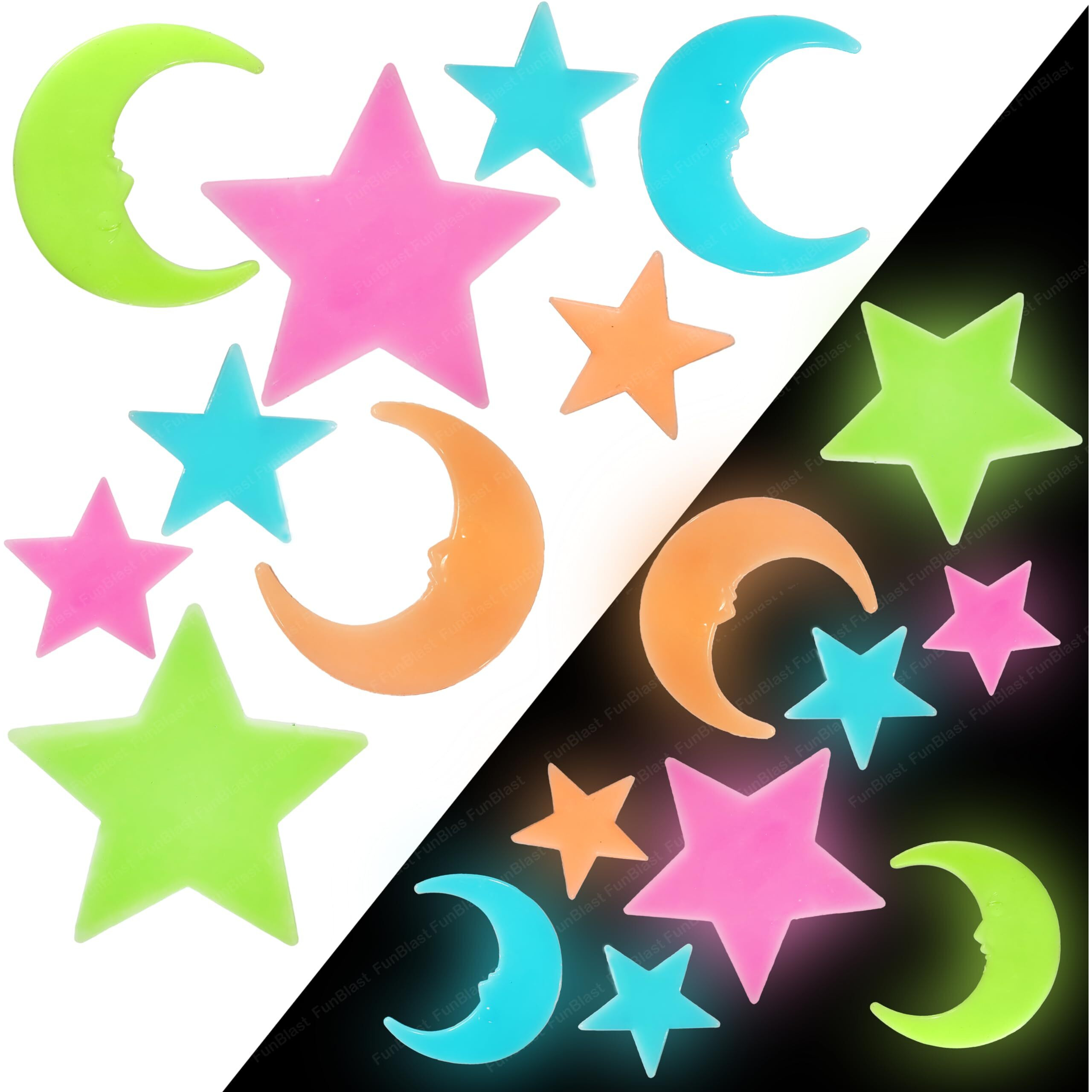 Funblast Star & Moon Shaped Glow In The Dark Radium Wall Ceiling Stickers, Decoration Stickers - 9 Pcs
