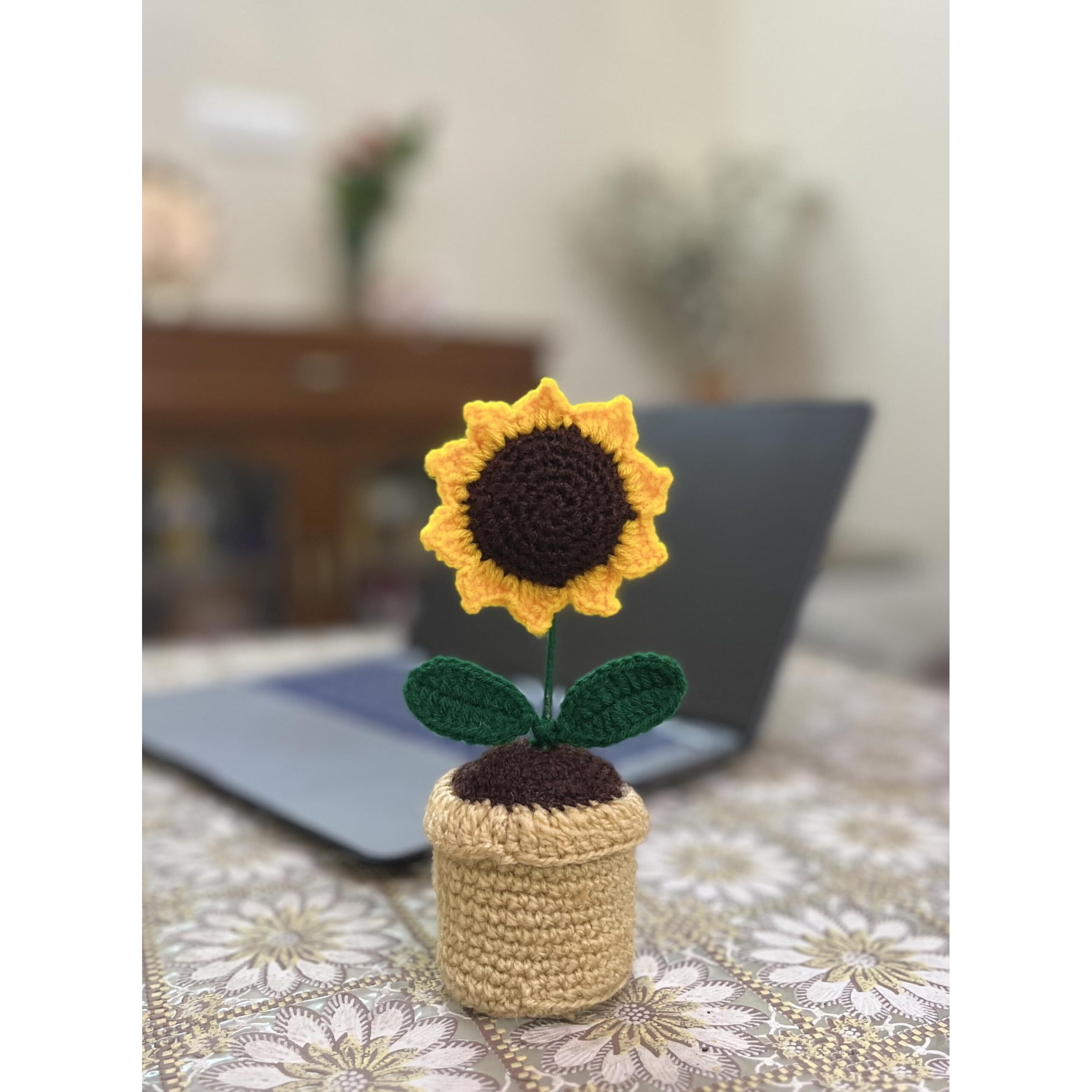 Florabliss Handmade Crochet Sunflower Pot - Decorative Knitted Flower For Car, Table, Or Home Decoration