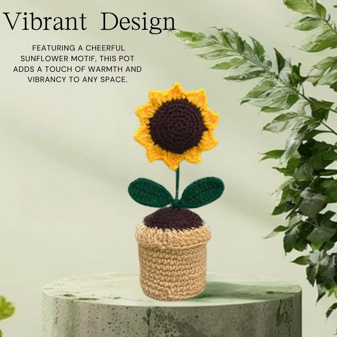 Florabliss Handmade Crochet Sunflower Pot - Decorative Knitted Flower For Car, Table, Or Home Decoration