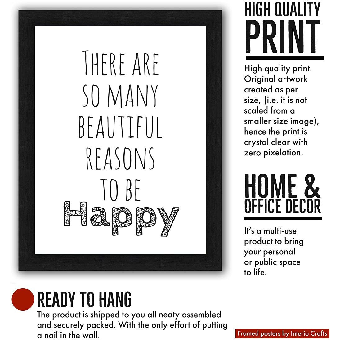 Interiocrafts Happy Life Rules Synthetic Wood Motivational Quotes Framed Poster (Frame Size 13&quotX10" Inches, Poster) - Black