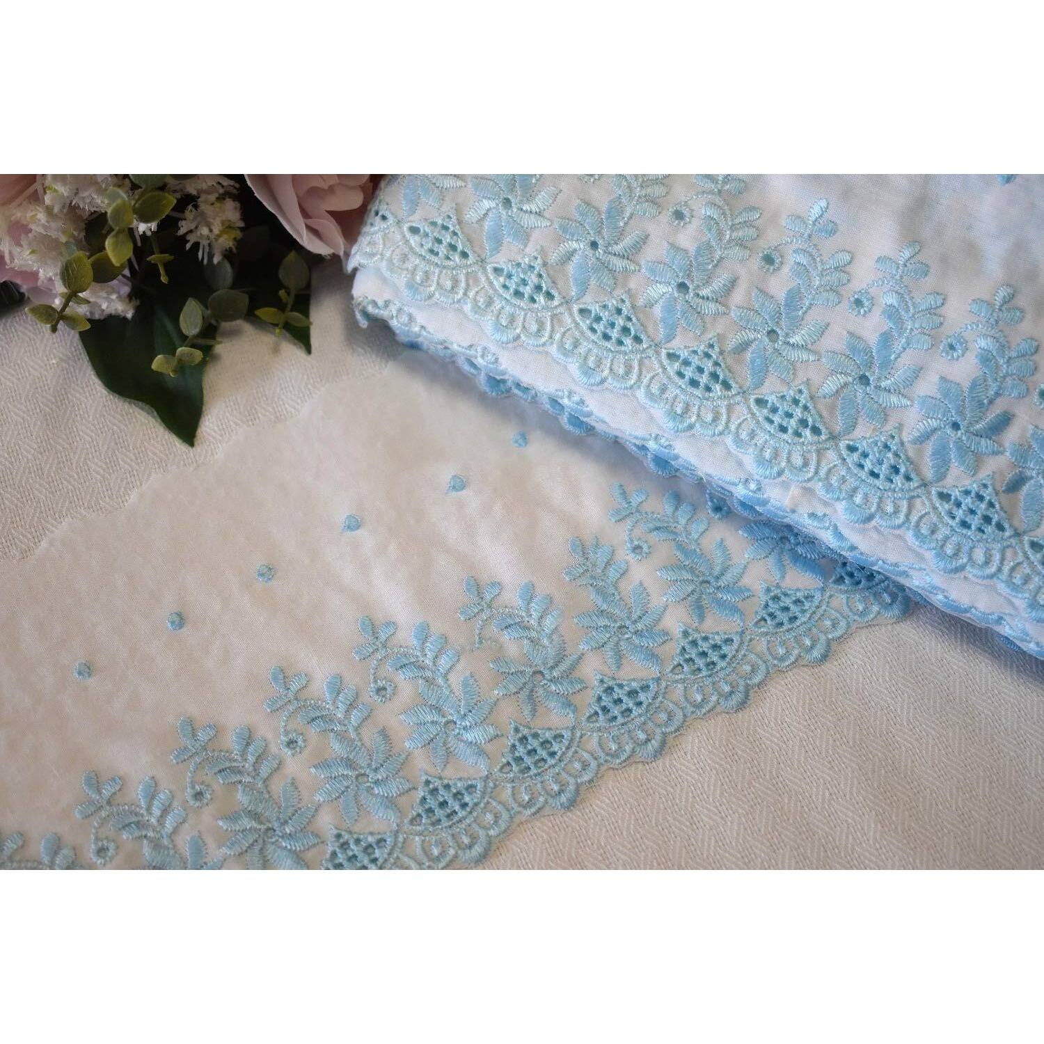 Orient Lace Craft Floral Pattern Polyester Fabric Lace For Apparels,Home Furnishing & Art & Craft (Light Blue)