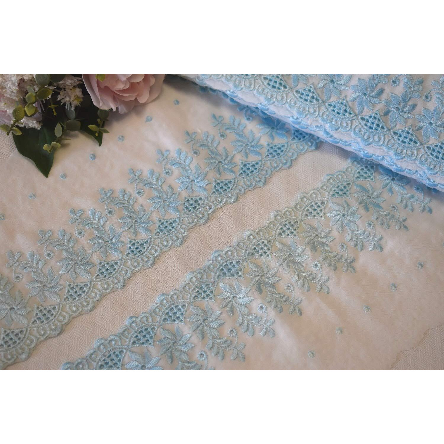 Orient Lace Craft Floral Pattern Polyester Fabric Lace For Apparels,Home Furnishing & Art & Craft (Light Blue)