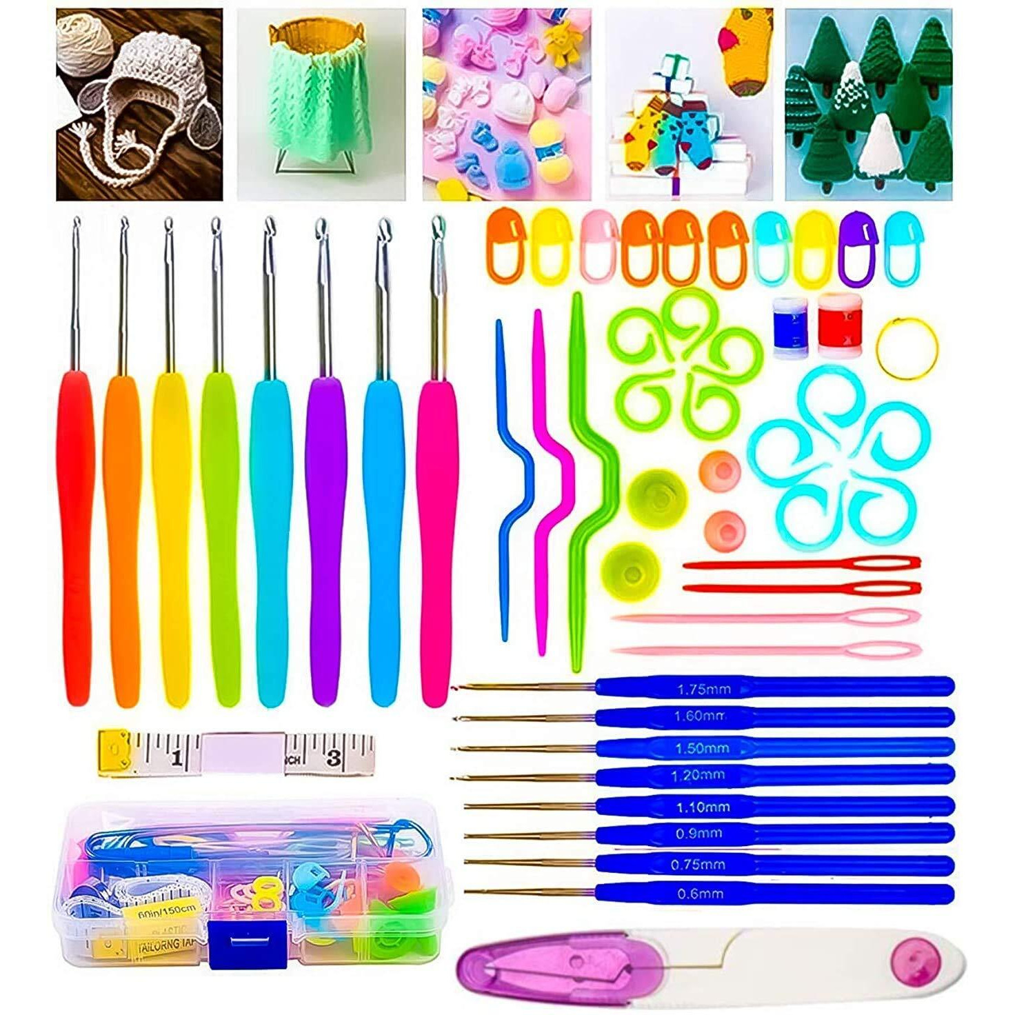 Sakrai Knitting Crochet Hook Needle Set, 52Pcs Sewing Kit -16Pcs Soft Grip Handle Hooks 0.6Mm-6Mm, Scissor, Tape Measure, Hand Knitte Diy Weave Yarn Craft Tools To Knit Hats, Socks, Sweaters