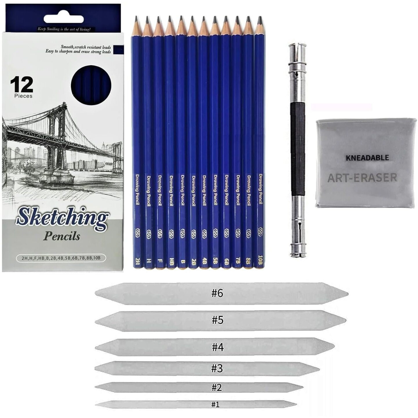 Sketching Kit - 20 Pcs Beginners Sketch & Drawing Tool Kitart Set -Includes 12 Graphite Pencils, 1Pc Kneadable Eraser, 1Pc Pencil Extender & 6 Pc Blending Stumps