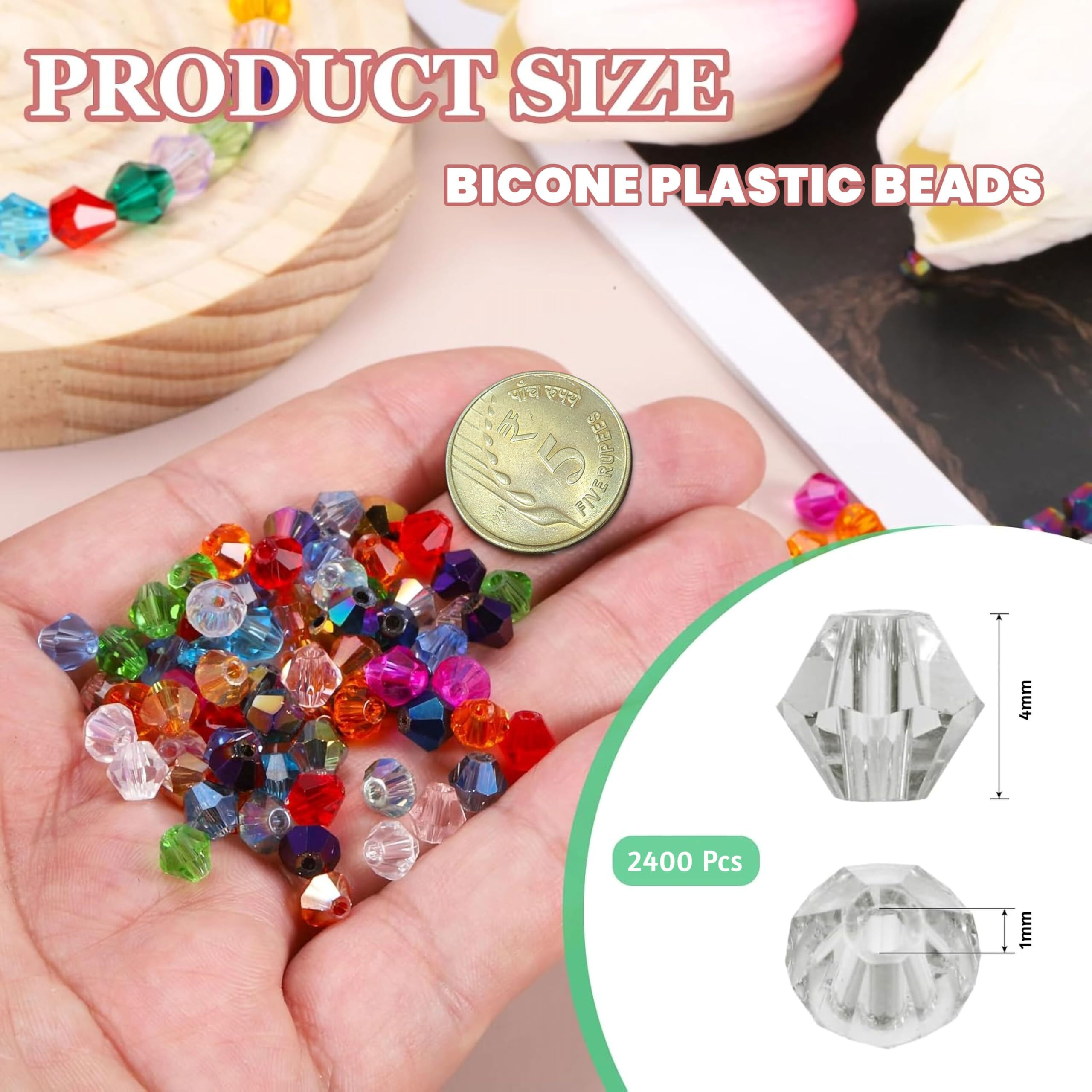 Indikonb Bicone Acrylic Plastic Crystal-Like Beads | Small 4Mm Bead For Bracelet & Necklace Making | 2400 Pcs | Pack Of 70G | Colorful Beads For Diy Jewelry & Craft Projects (White)