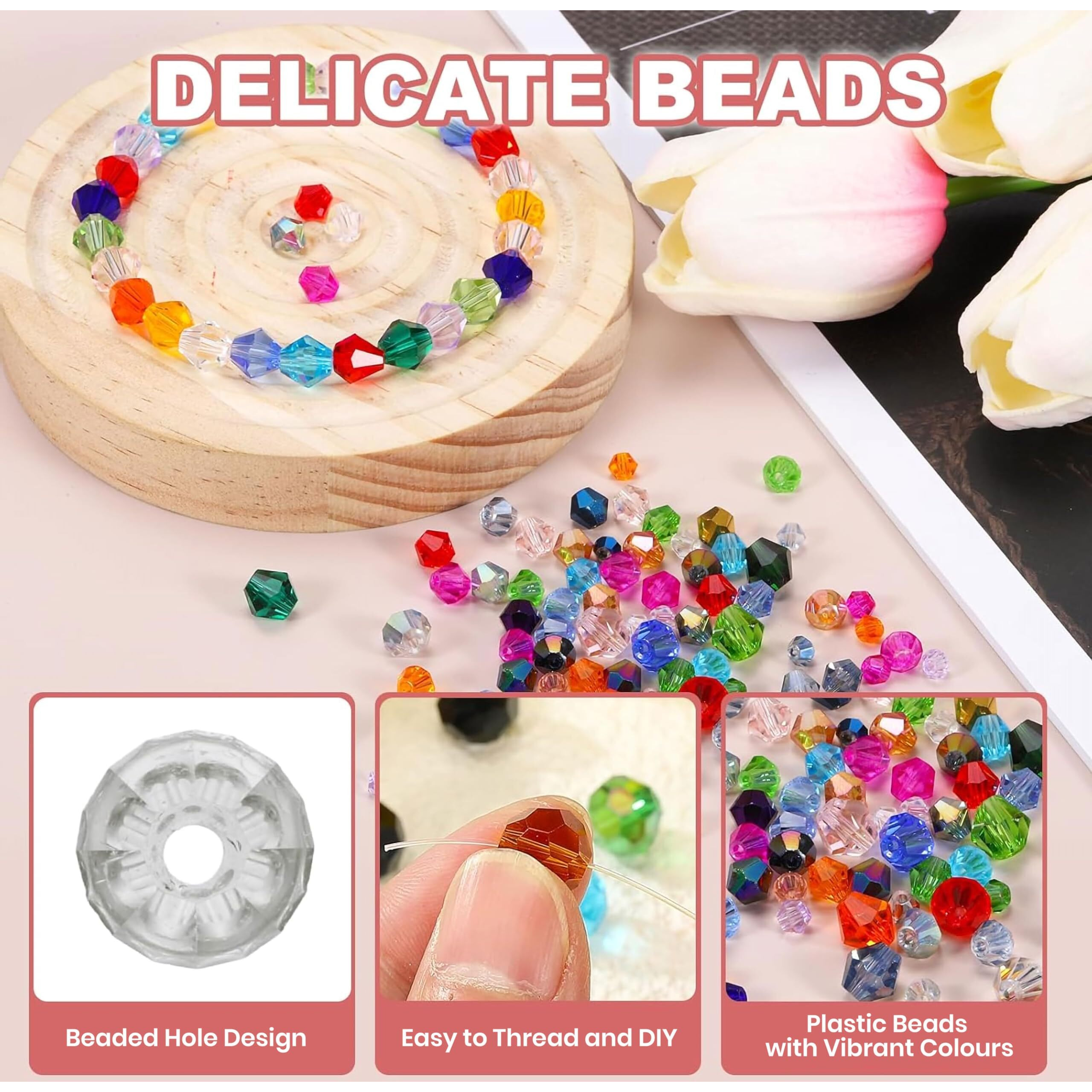 Indikonb Bicone Acrylic Plastic Crystal-Like Beads | Small 4Mm Bead For Bracelet & Necklace Making | 2400 Pcs | Pack Of 70G | Colorful Beads For Diy Jewelry & Craft Projects (White)