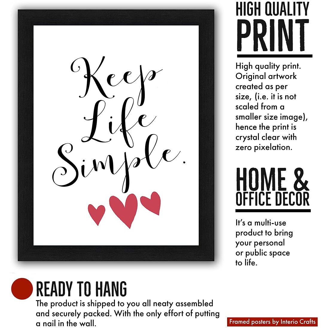 Interio Crafts Motivational Wall Decor Frame - Keep Life Simple Poster (Frame Size 13&quotX10" Inches,Synthetic Wood)
