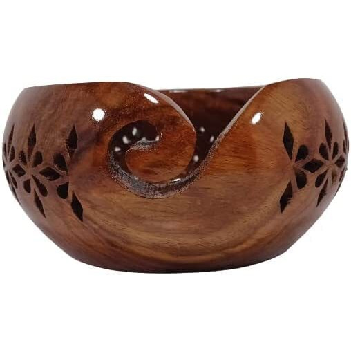 Guru Jee Handmade Wooden Yarn Bowl Wool Ball Holder Knitting Bowl Crochet Holder Gifts Showpiece (Natural_Brown_Jali_2) (1 Piece)