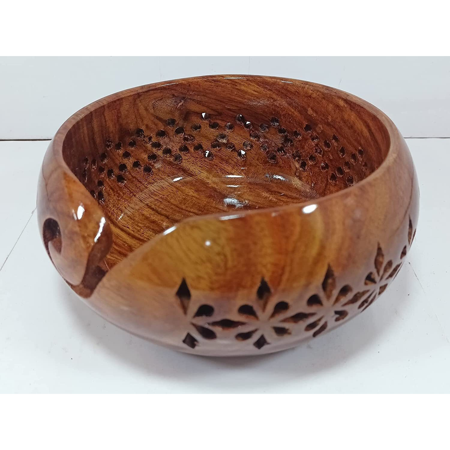 Guru Jee Handmade Wooden Yarn Bowl Wool Ball Holder Knitting Bowl Crochet Holder Gifts Showpiece (Natural_Brown_Jali_2) (1 Piece)